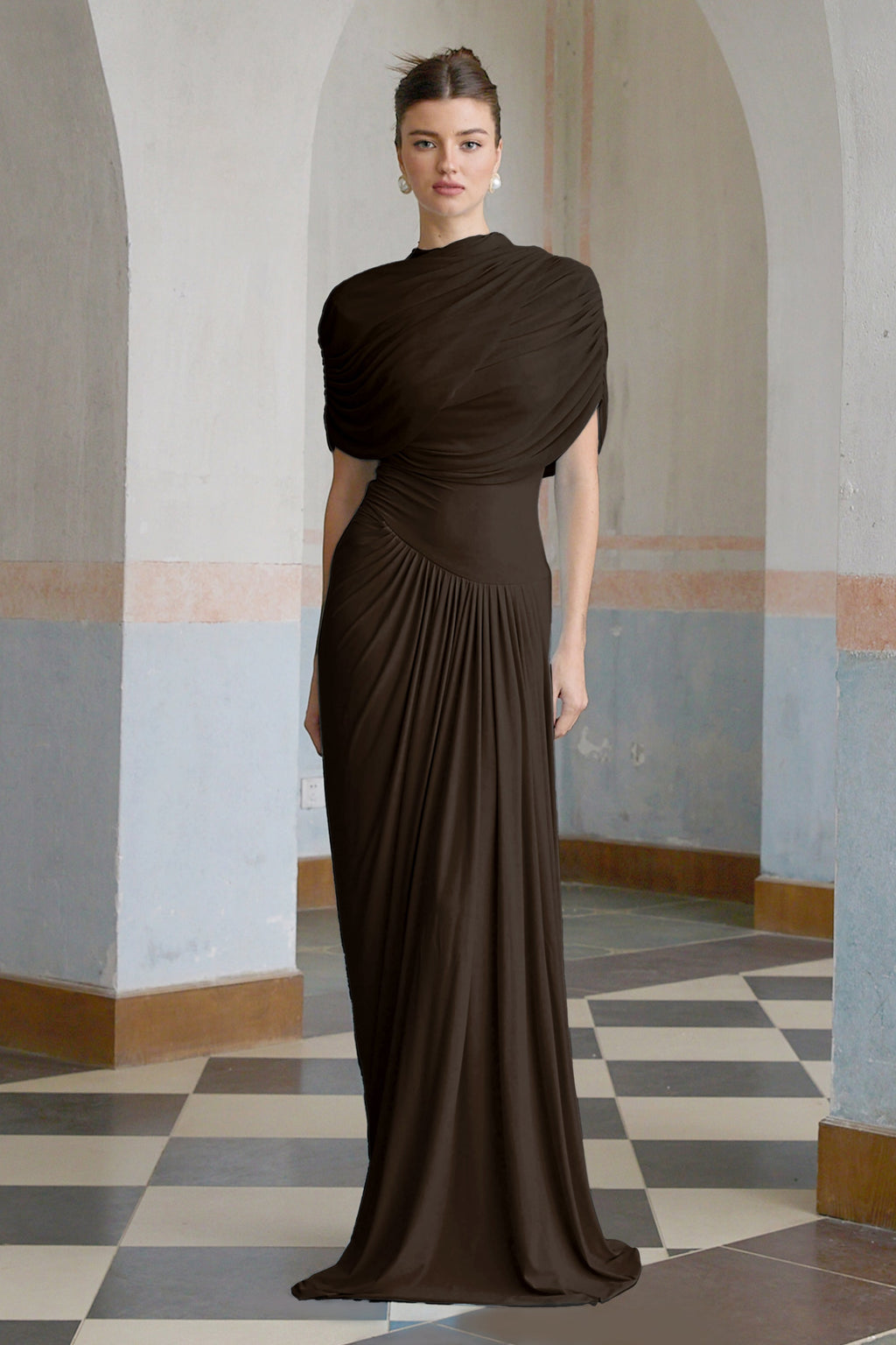 Catherine asymmetrical pleated maxi dress in Brown