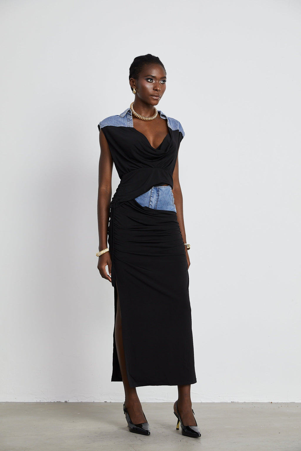 Nala matchande set med denimtopp och kjol med jerseypaneler 