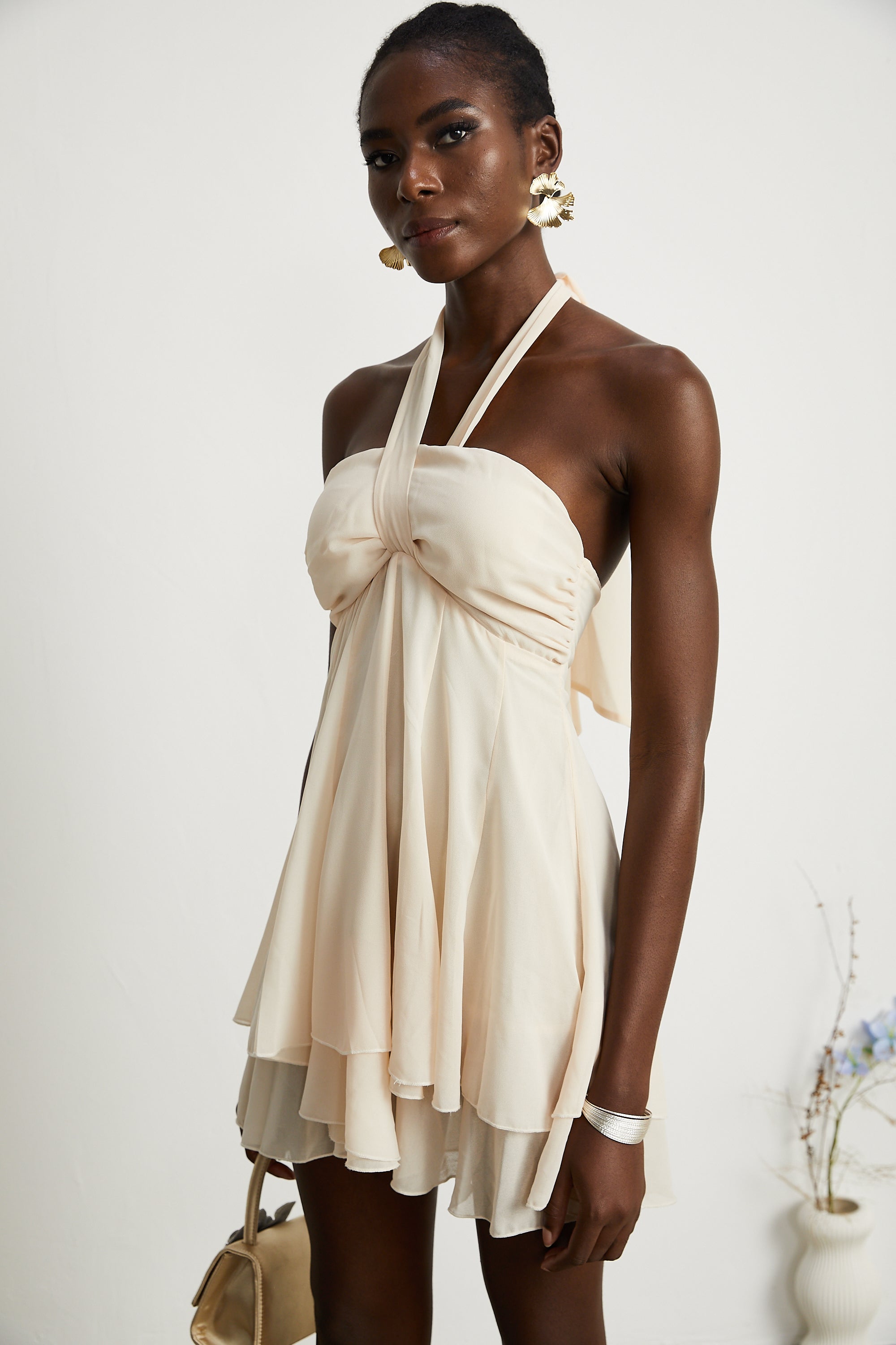 Esmerie Sleeveless Bustier Mini Dress with Back Tie Detail