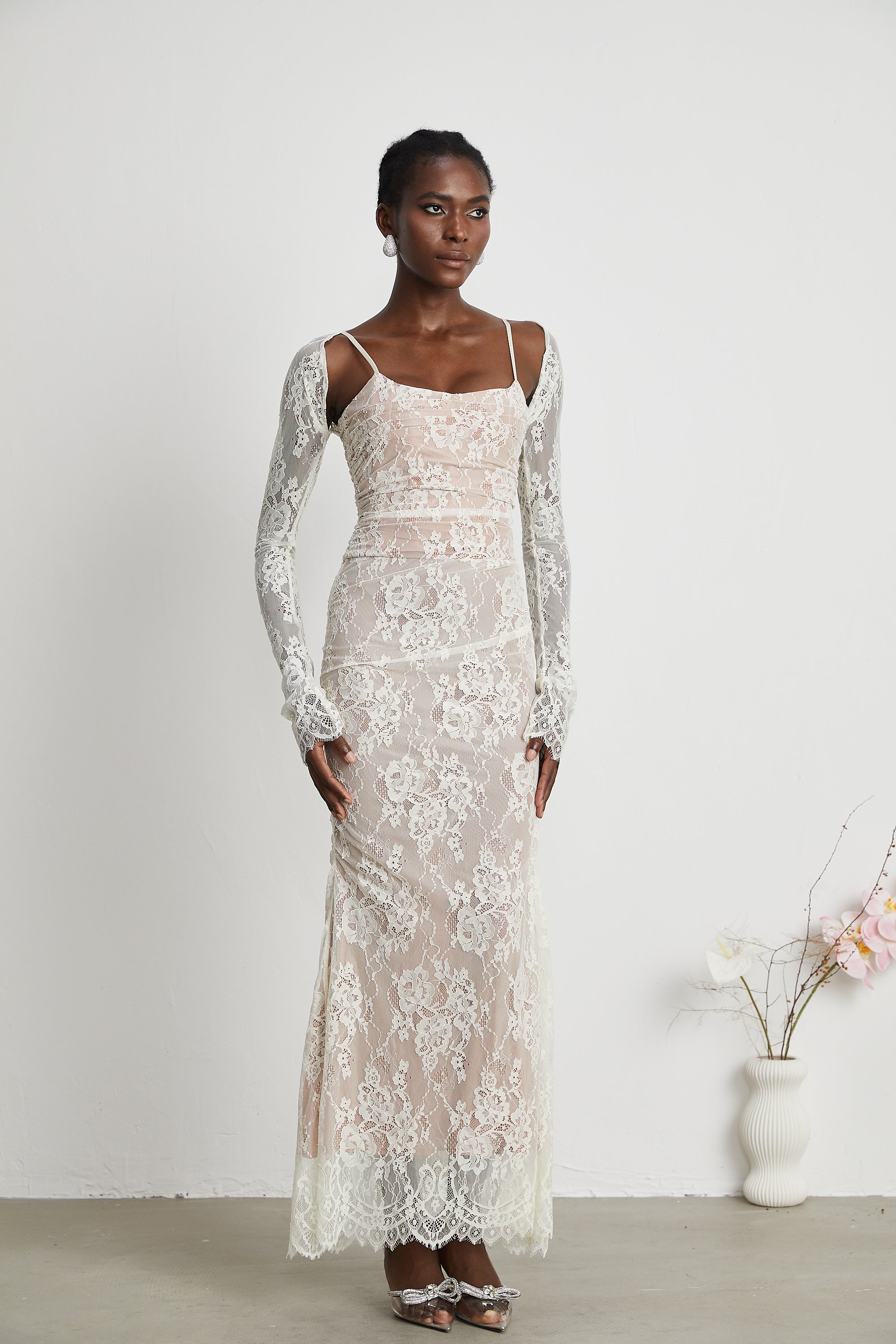 Valérie white floral lace mesh maxi dress
