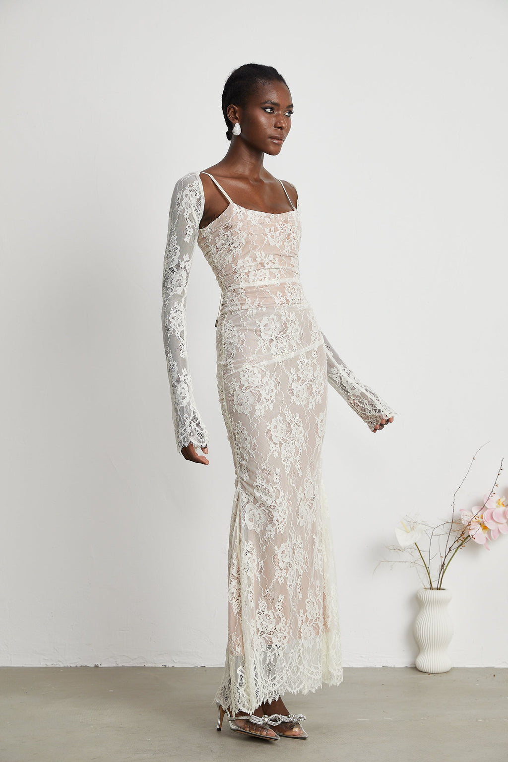 Valérie white floral lace mesh maxi dress