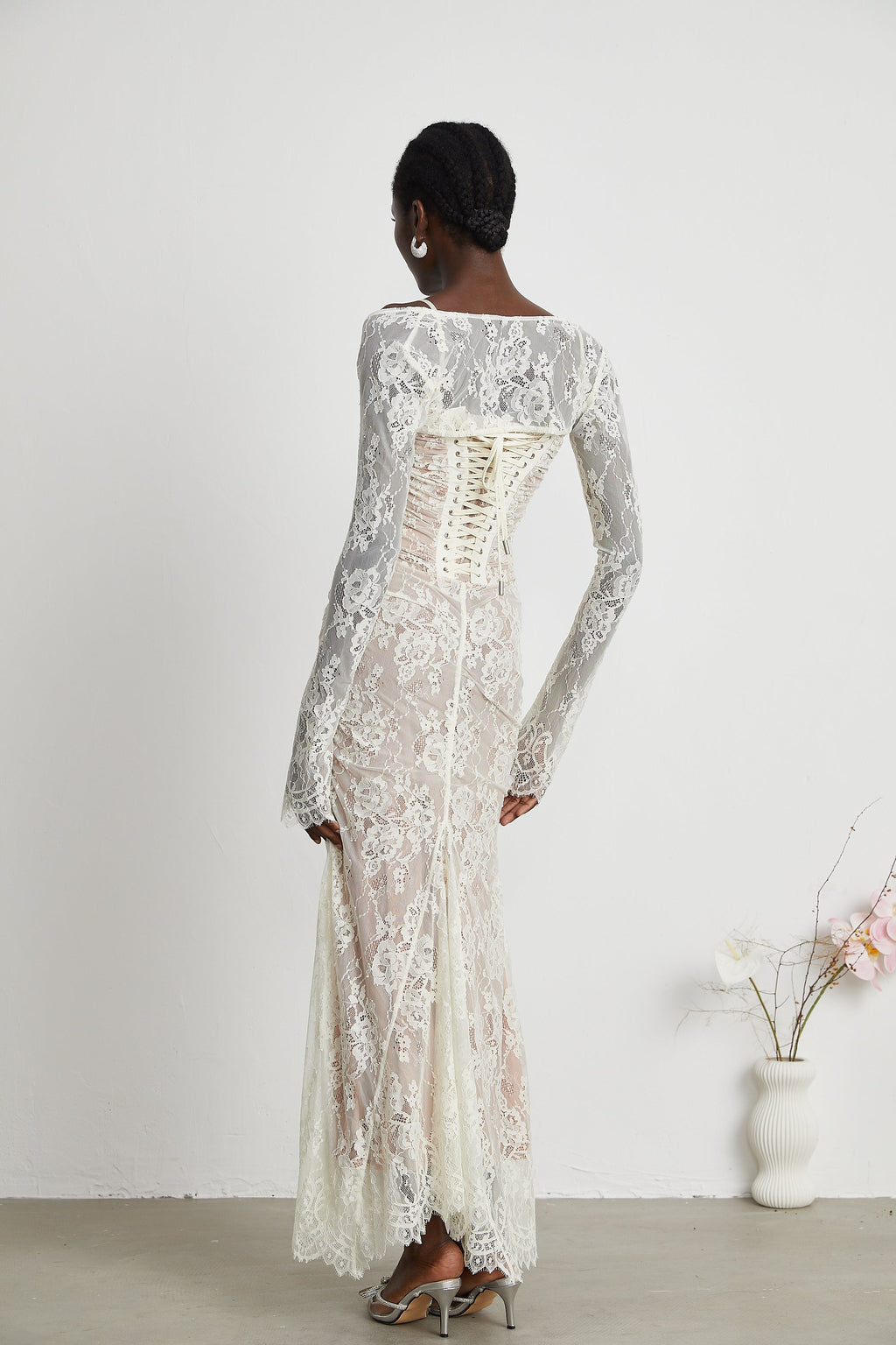 Valérie white floral lace mesh maxi dress