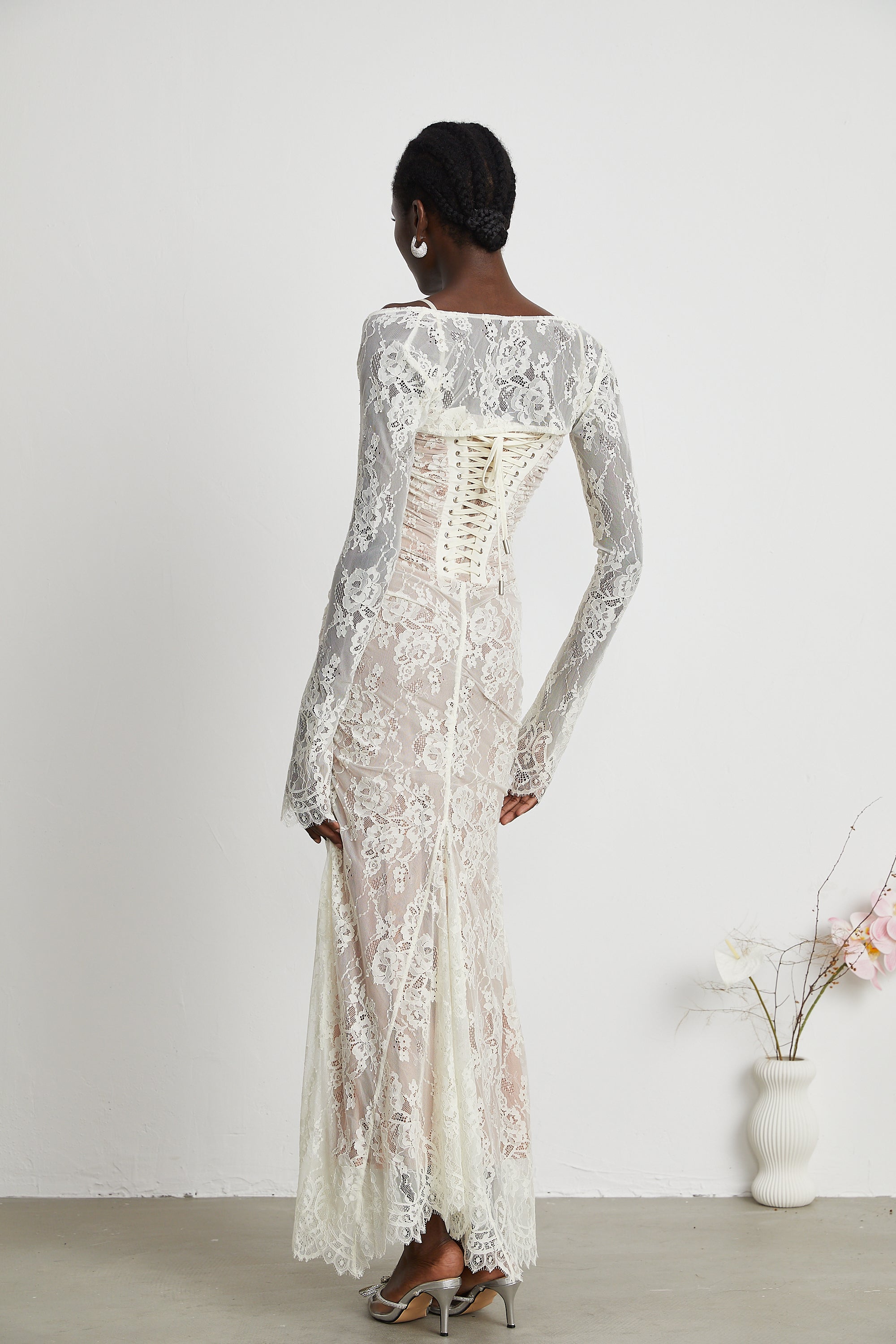 Valérie white floral lace mesh maxi dress