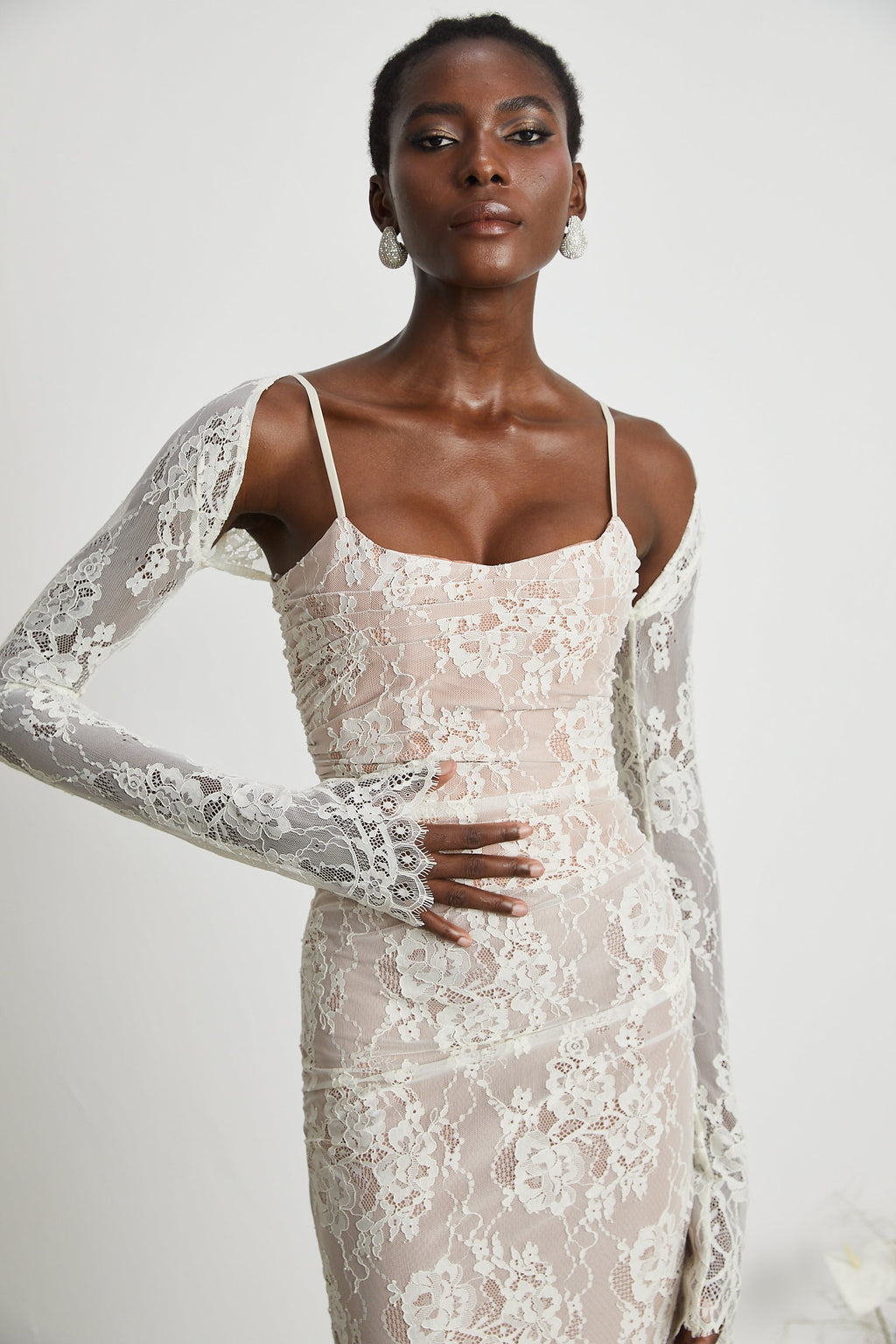 Valérie white floral lace mesh maxi dress