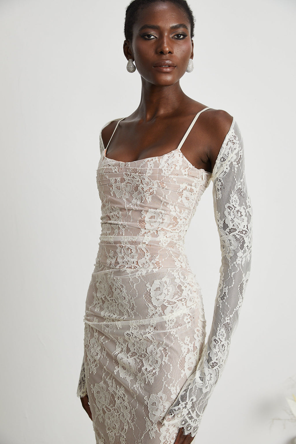 Valérie white floral lace mesh maxi dress