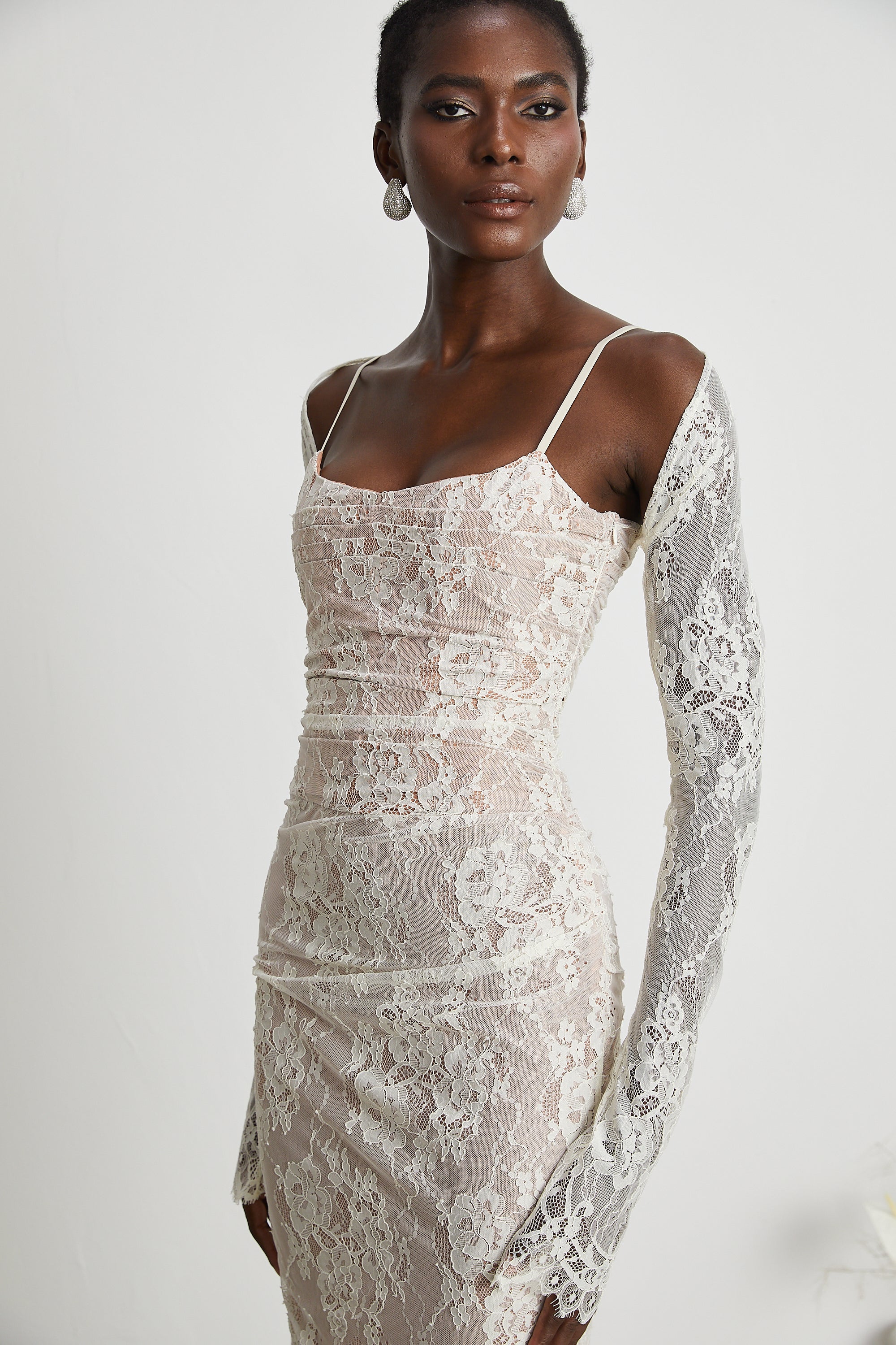 Valérie white floral lace mesh maxi dress