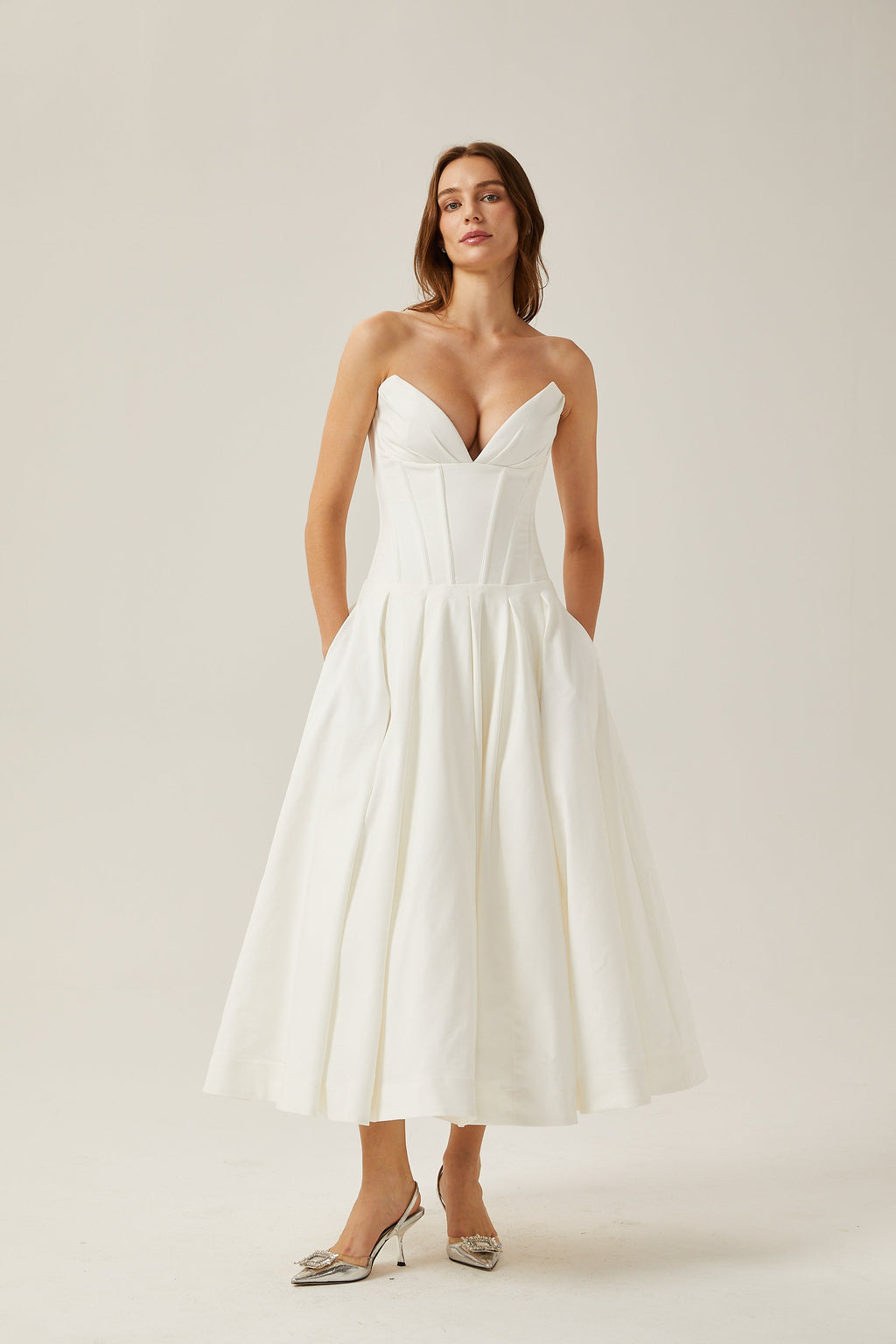 Katherine White Off-Shoulder Corset Midi Dress