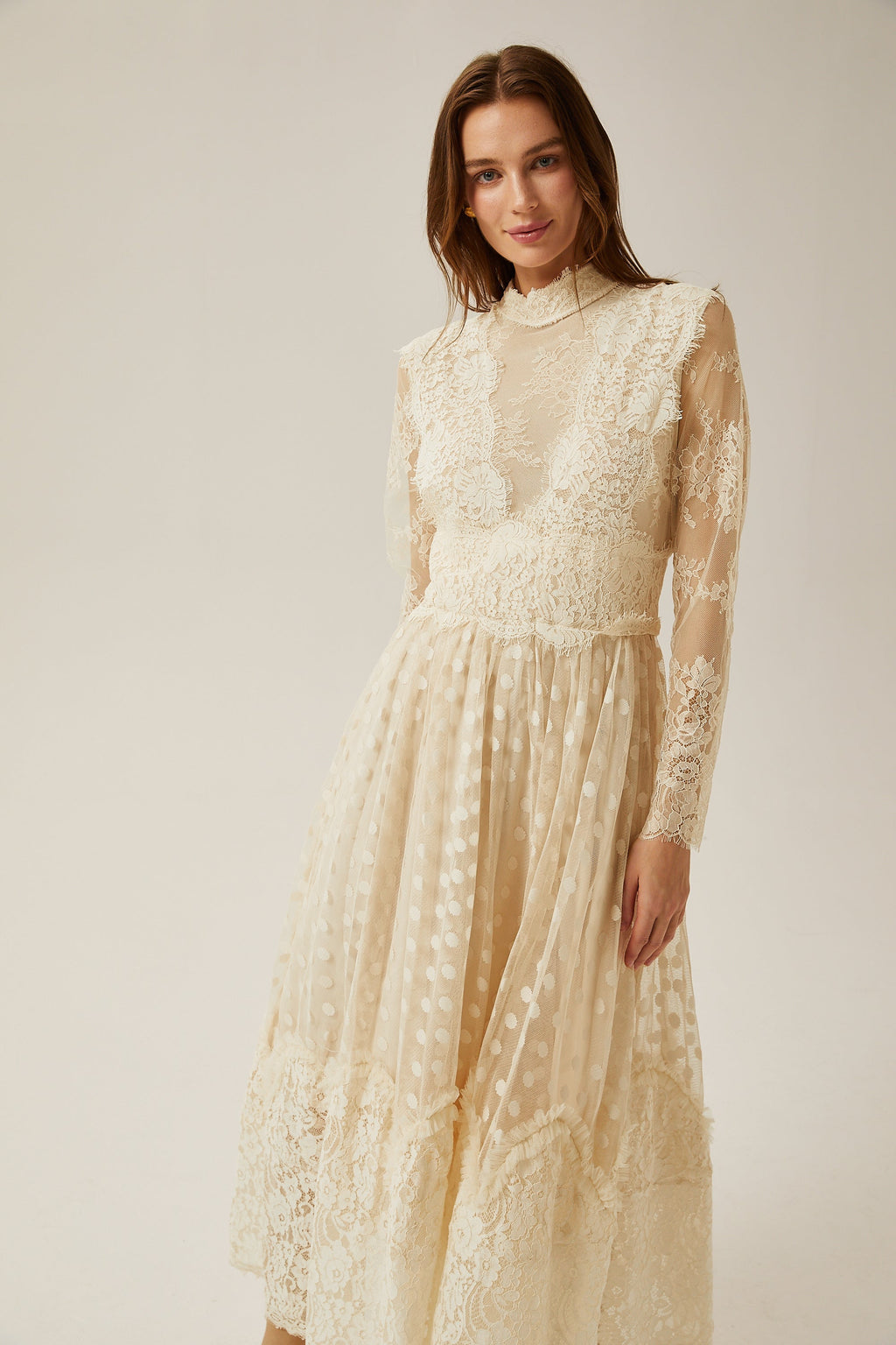 Éliane polka-dot lace-embroidered midi dress