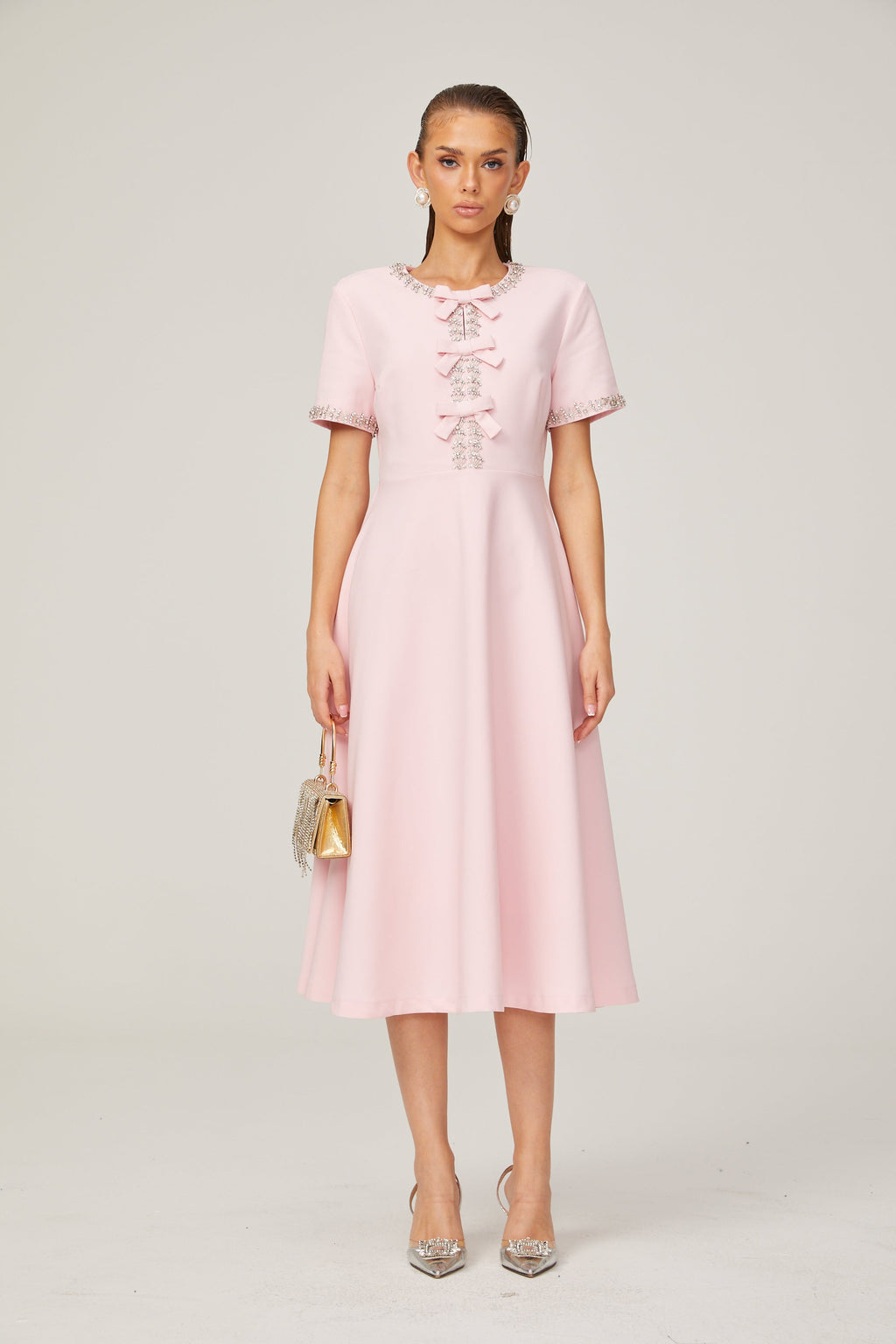 Cassiopeia crystal-accented pink bow midi dress