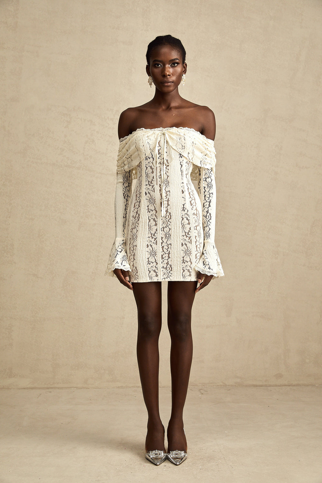 Émeline floral lace flared-cuff mini dress in Neutrals