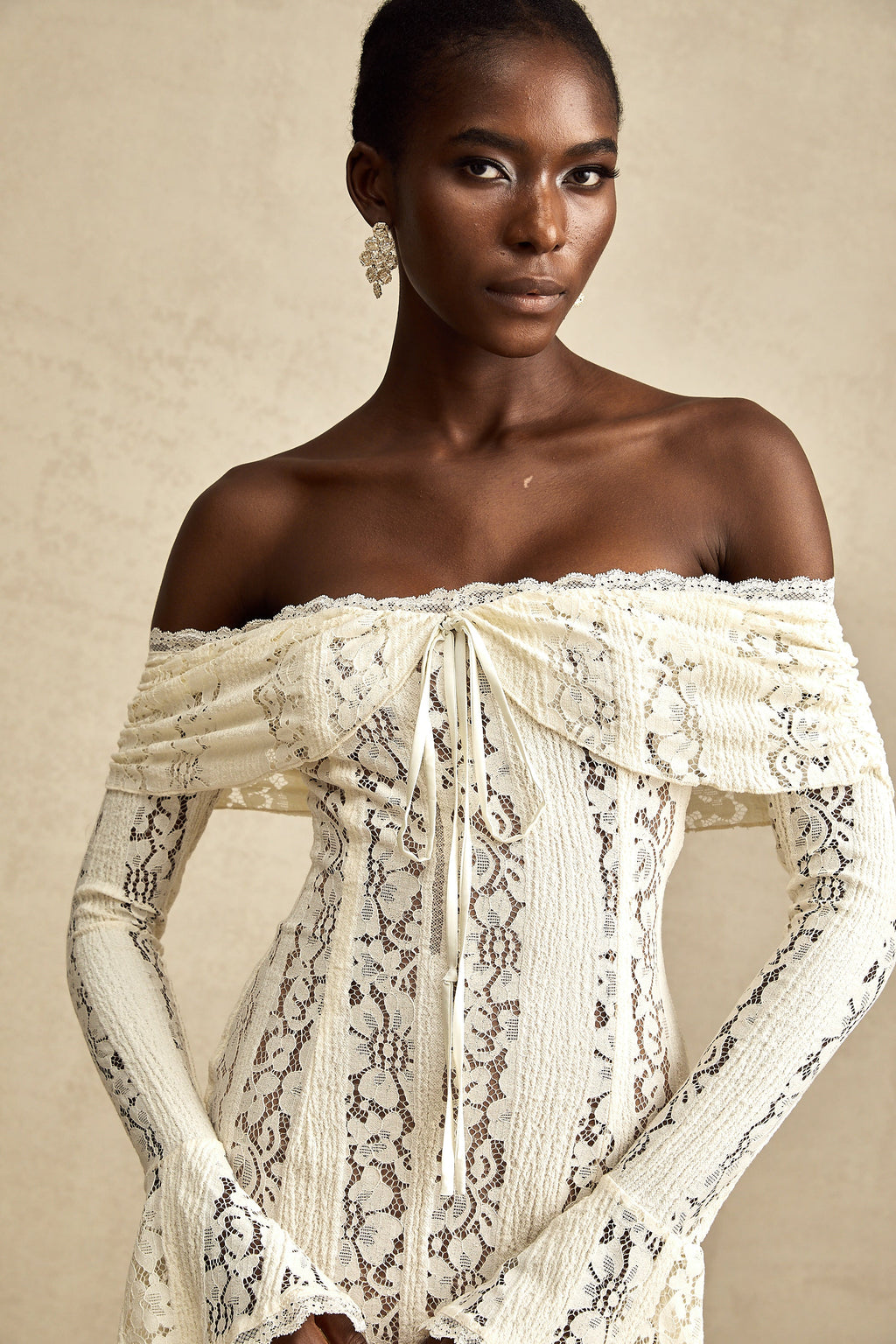 Émeline floral lace flared-cuff mini dress in Neutrals