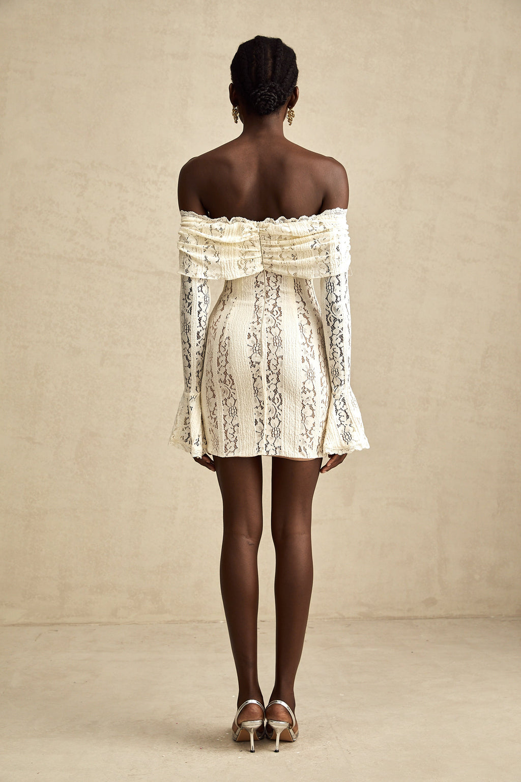 Émeline floral lace flared-cuff mini dress in Neutrals