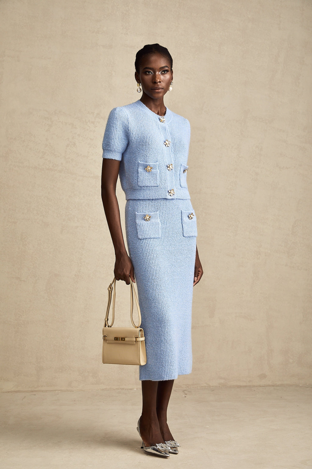 Chantal Blue Knit Two-Piece Blouse and Skirt Set