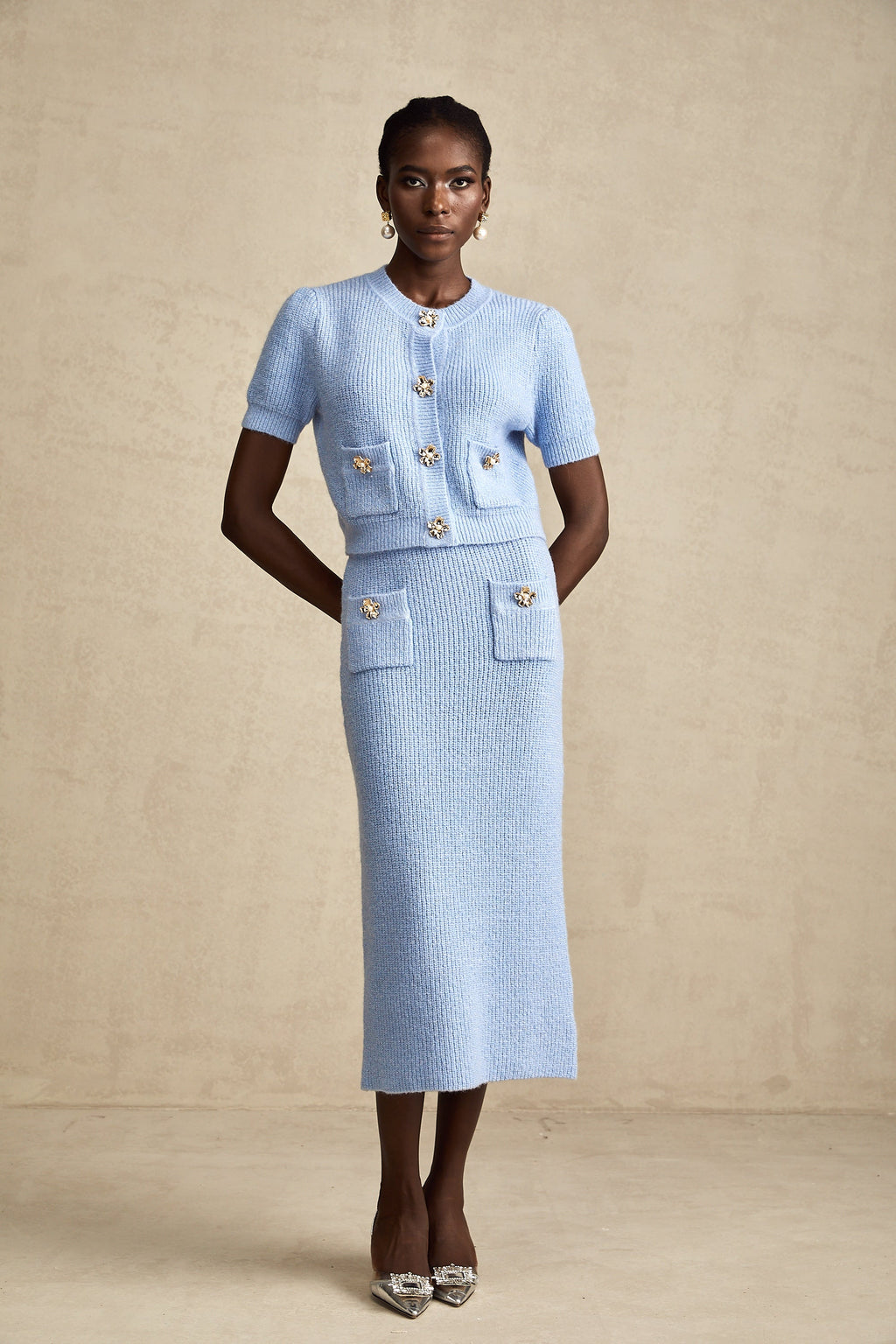 Chantal Blue Knit Two-Piece Blouse and Skirt Set