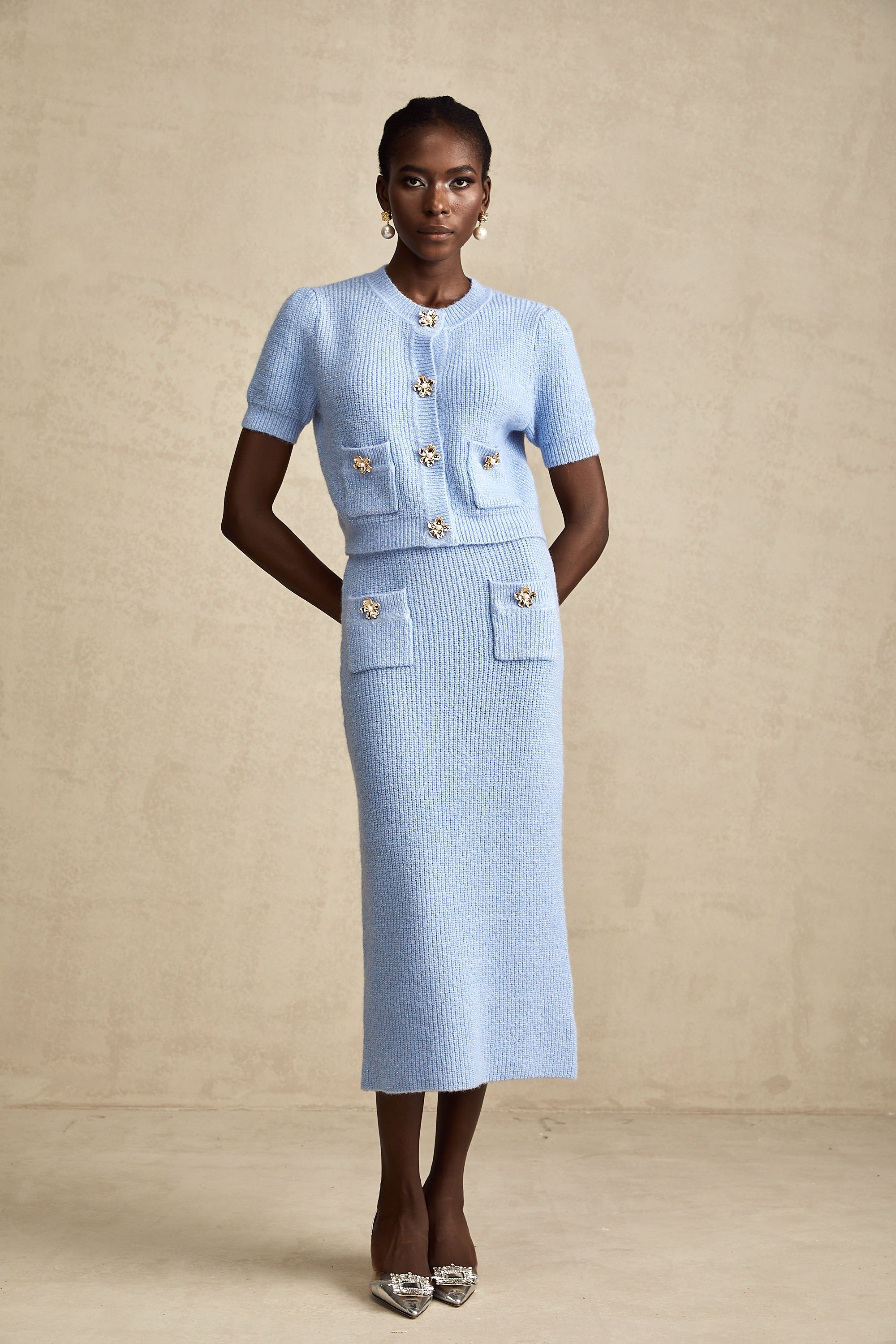 Chantal Blue Knit Two-Piece Blouse and Skirt Set