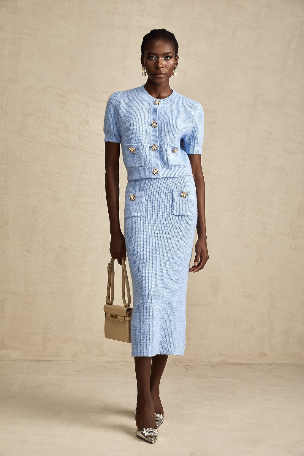 Chantal Blue Knit Two-Piece Blouse and Skirt Set