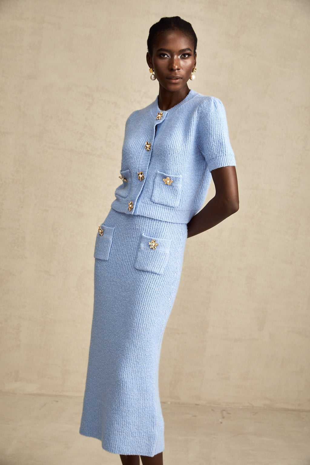 Chantal Blue Knit Two-Piece Blouse and Skirt Set