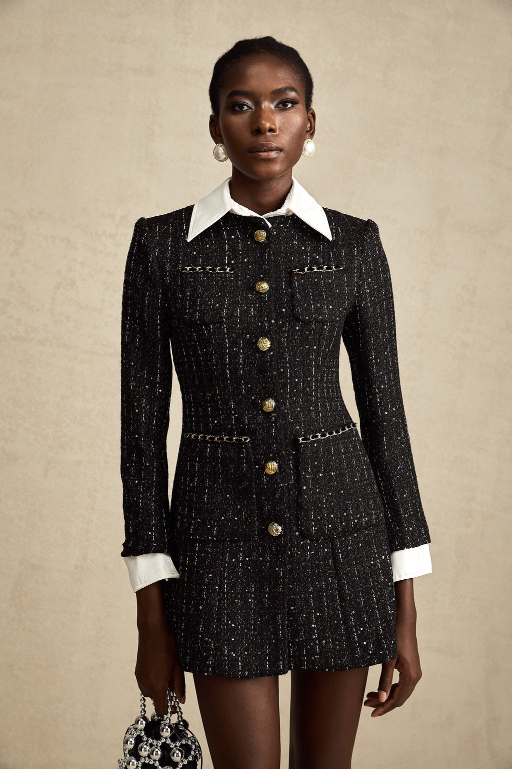 Audrey svart tweed miniklänning med paljettpaneler