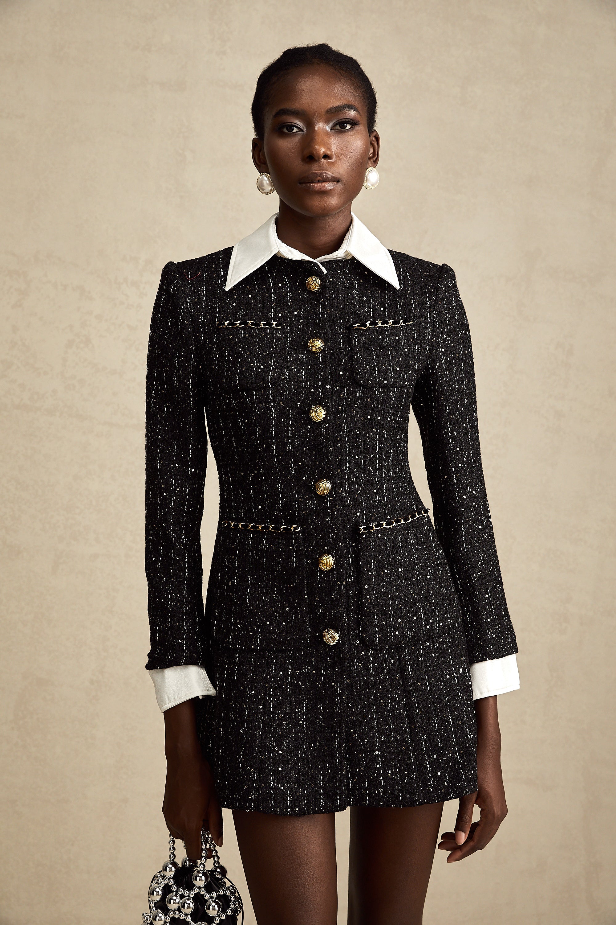 Audrey svart tweed miniklänning med paljettpaneler