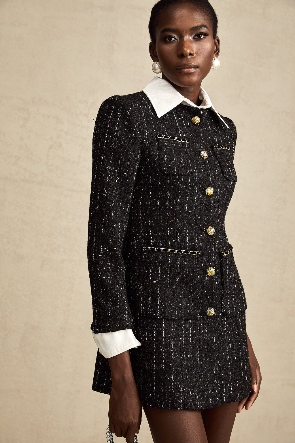 Audrey svart tweed miniklänning med paljettpaneler