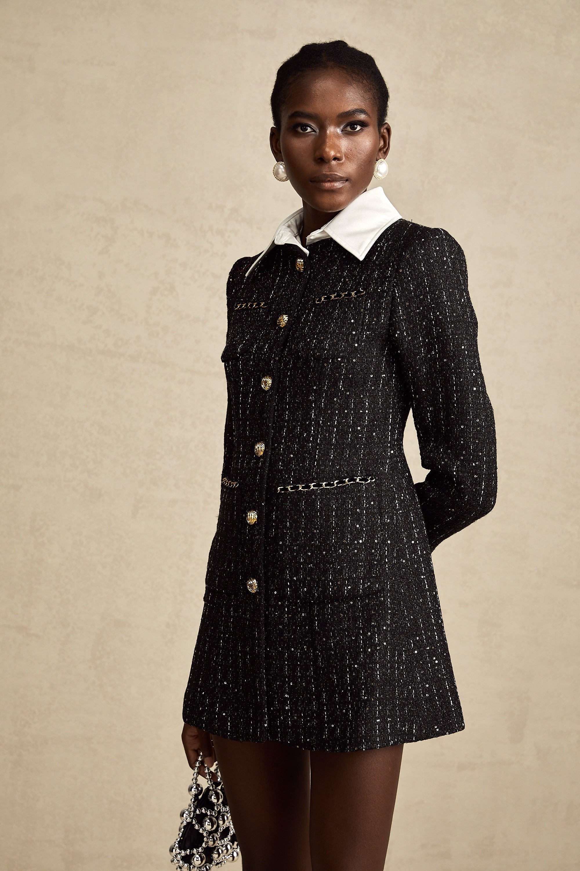 Audrey svart tweed miniklänning med paljettpaneler