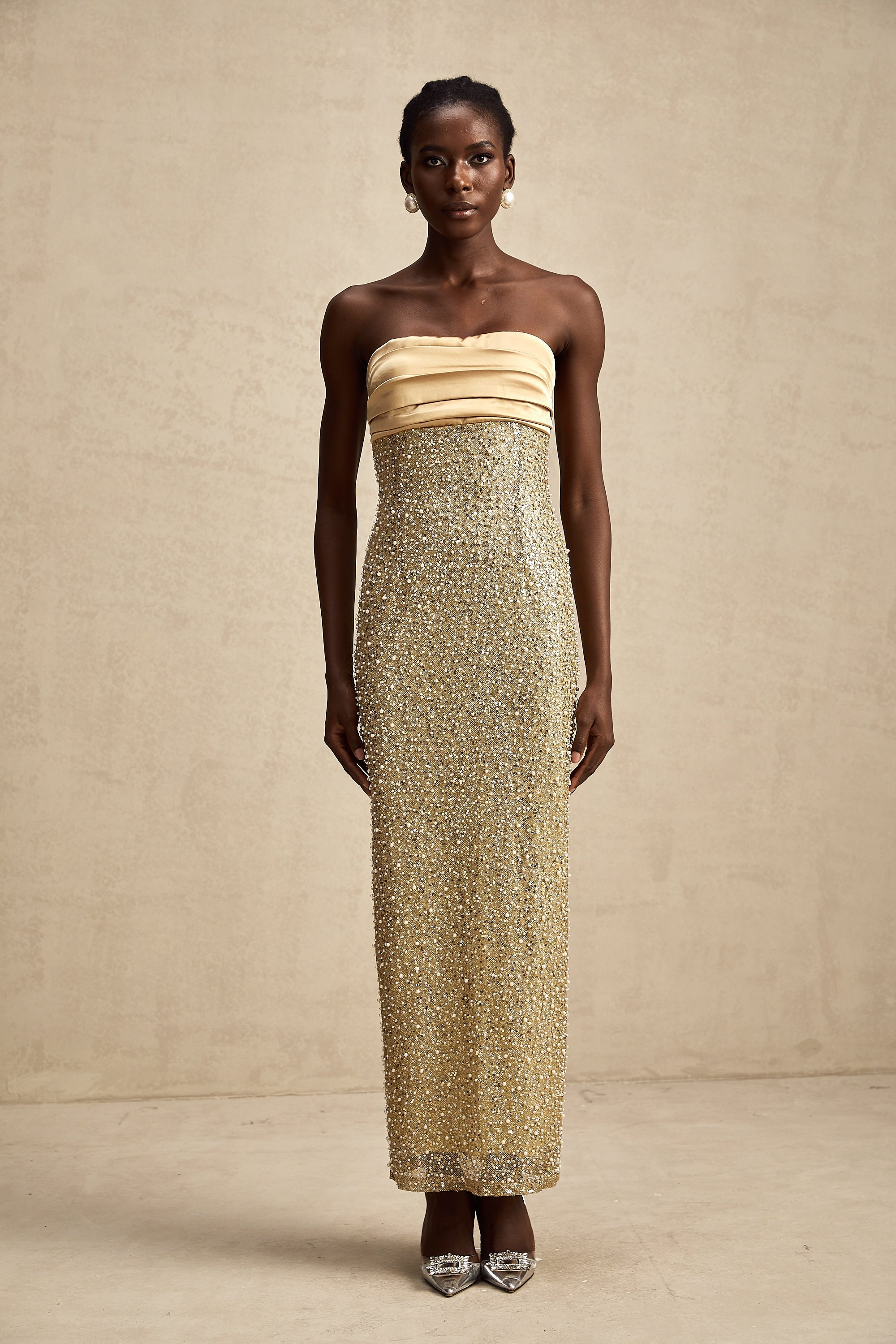 Marguerite gold faux-pearl embellished maxi dress
