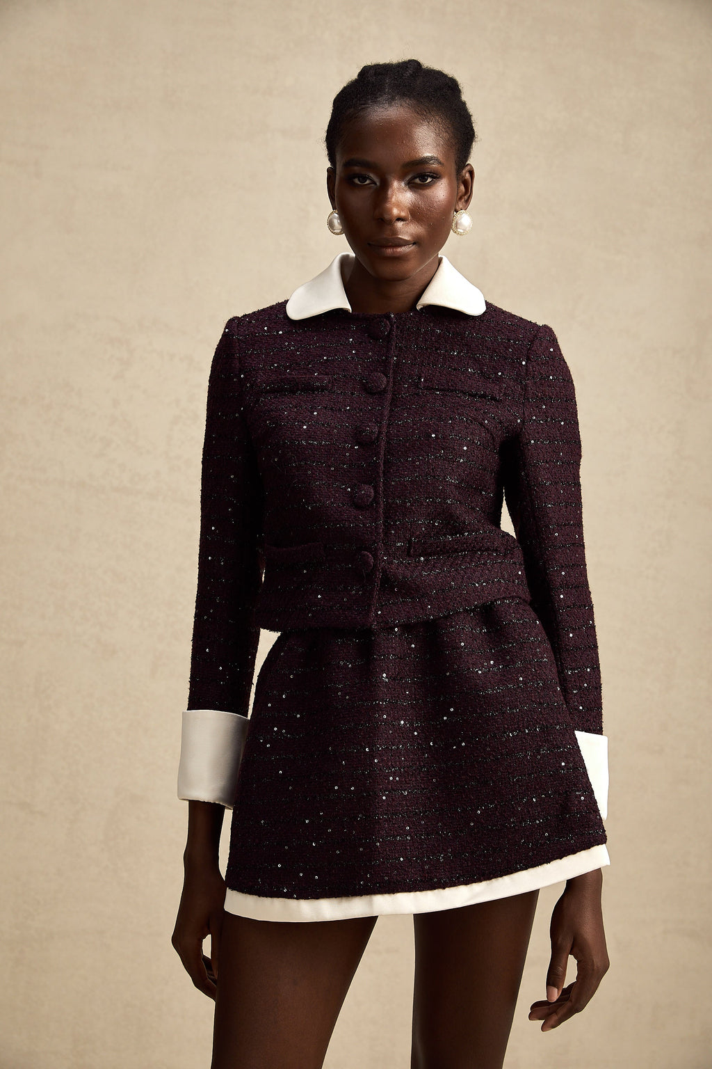 Brigitte purple sequined tweed jacket & skirt matching set