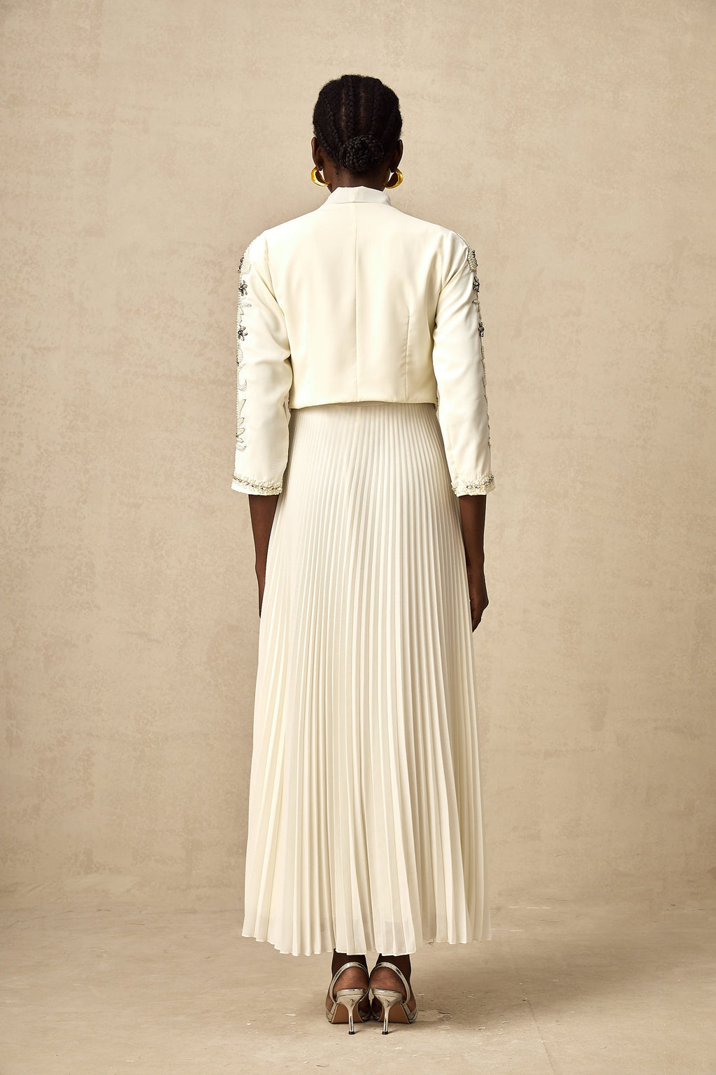 Blanche White Embellished Pleated Two-Piece Jacket and Dress Set