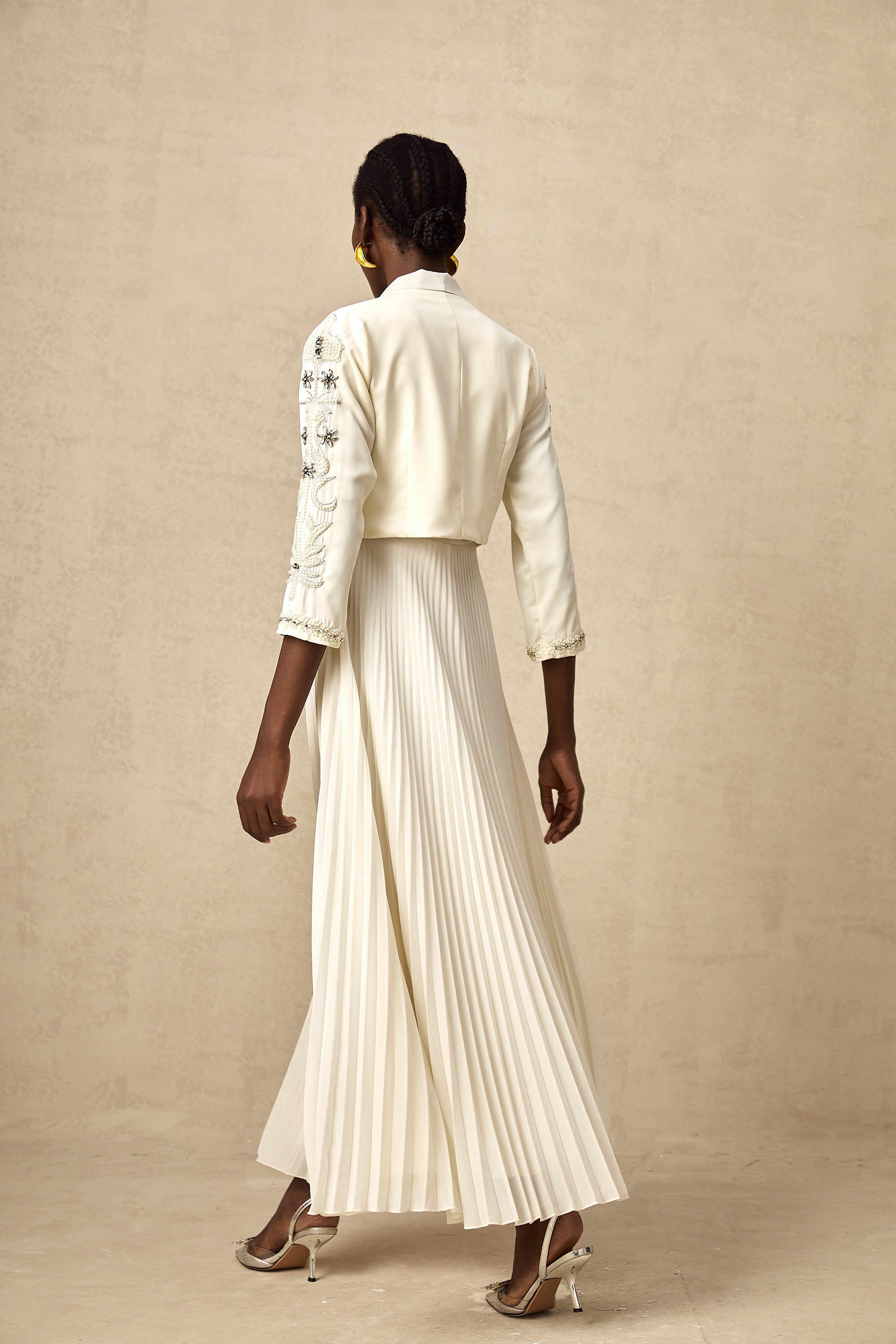Blanche White Embellished Pleated Two-Piece Jacket and Dress Set
