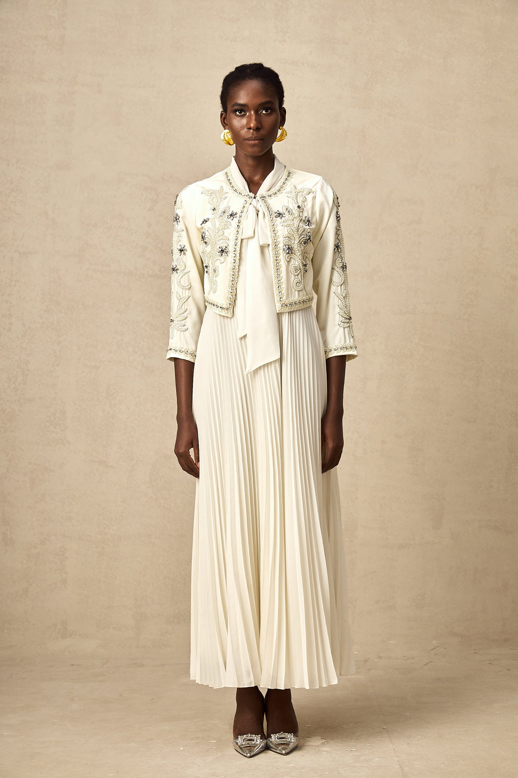 Blanche White Embellished Pleated Two-Piece Jacket and Dress Set