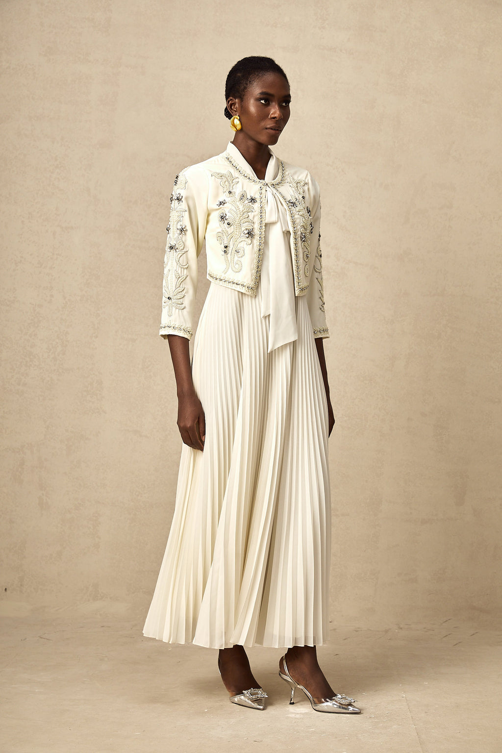 Blanche White Embellished Pleated Two-Piece Jacket and Dress Set