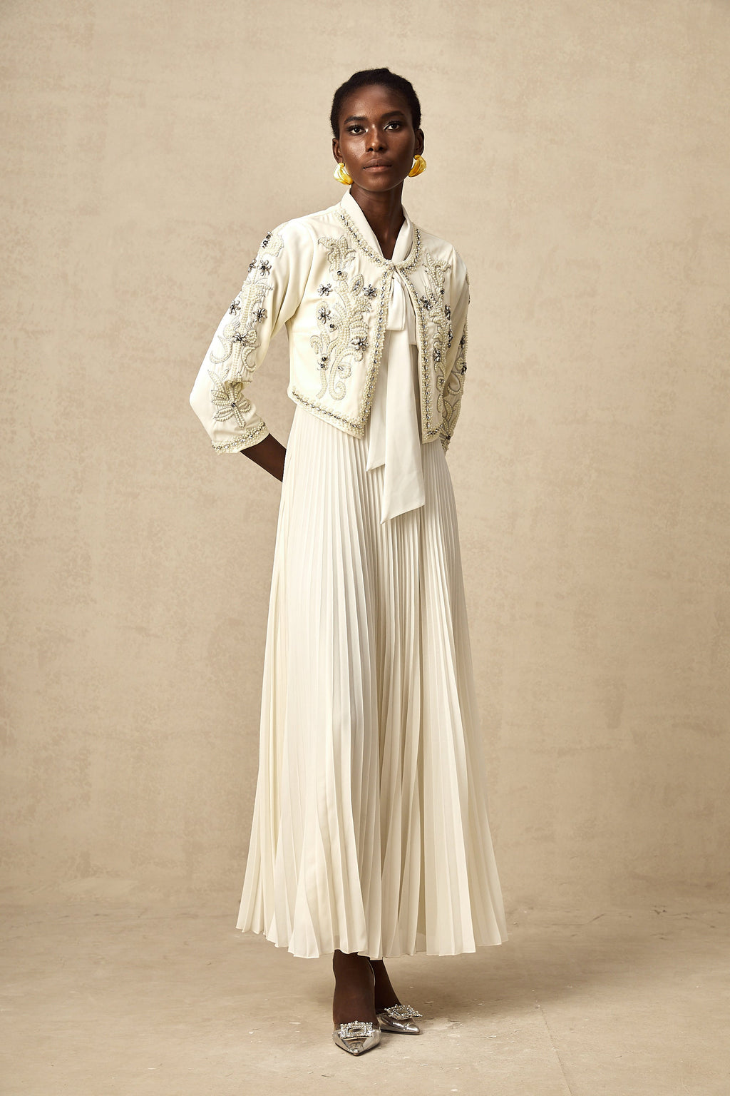Blanche White Embellished Pleated Two-Piece Jacket and Dress Set