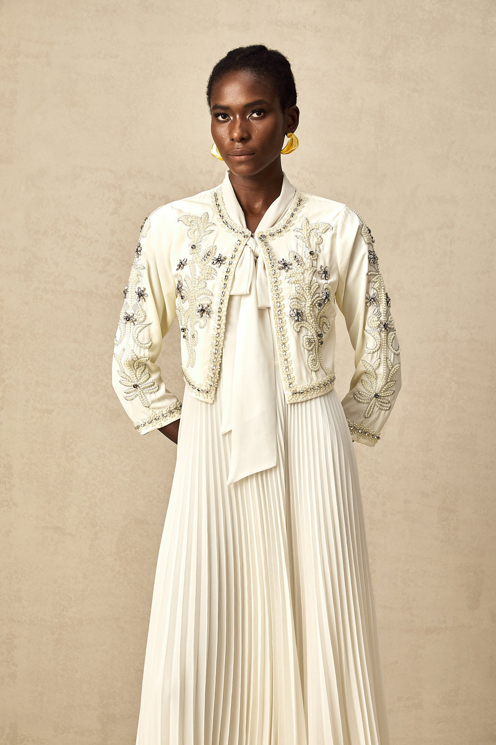 Blanche White Embellished Pleated Two-Piece Jacket and Dress Set