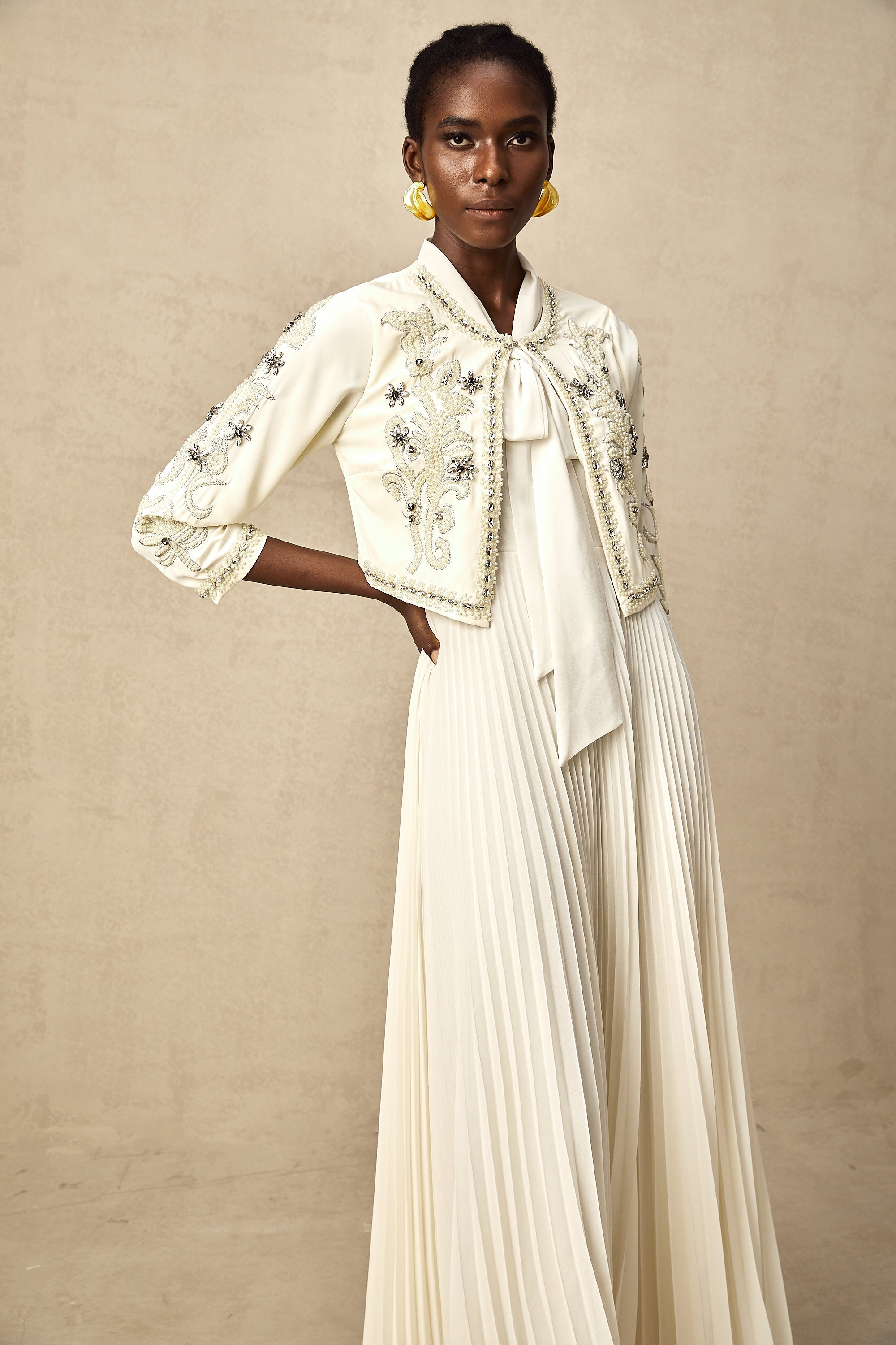Blanche White Embellished Pleated Two-Piece Jacket and Dress Set