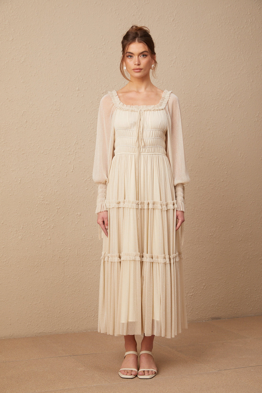 Camille pleated shirred metallic midi dress