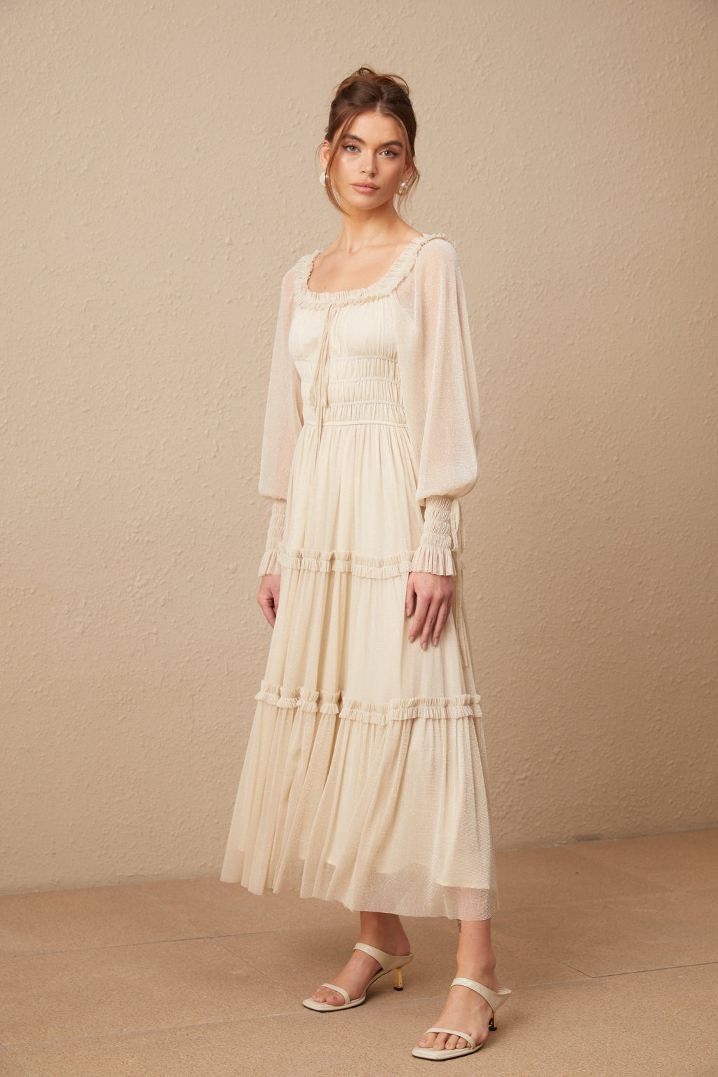 Camille pleated shirred metallic midi dress