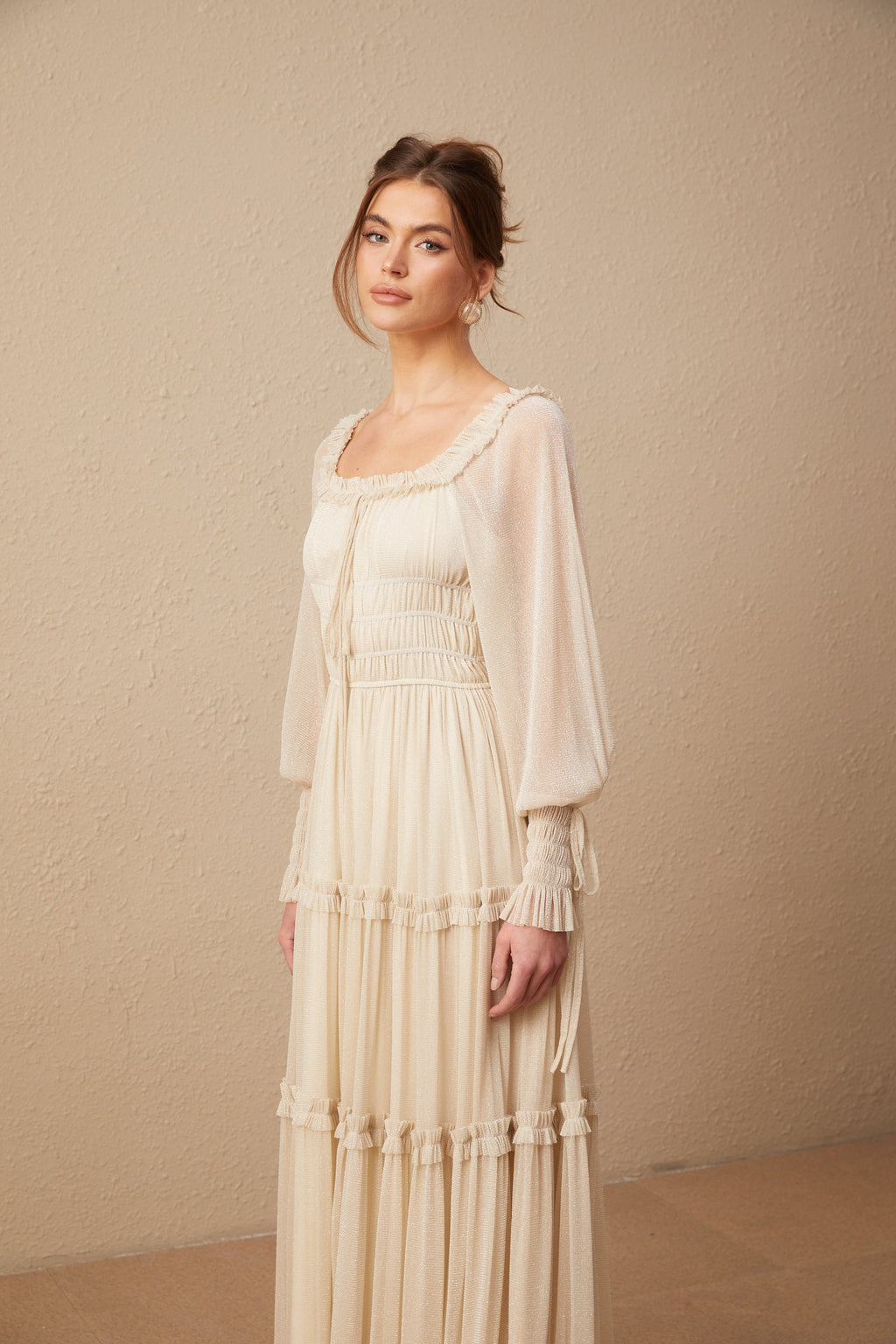 Camille pleated shirred metallic midi dress