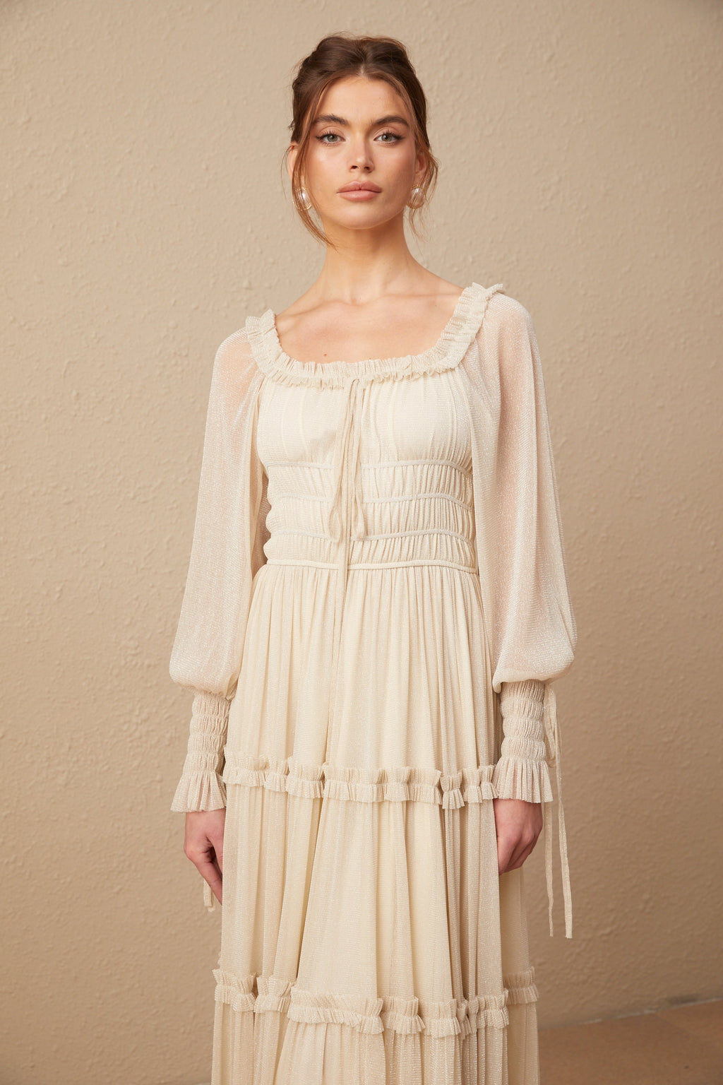 Camille pleated shirred metallic midi dress