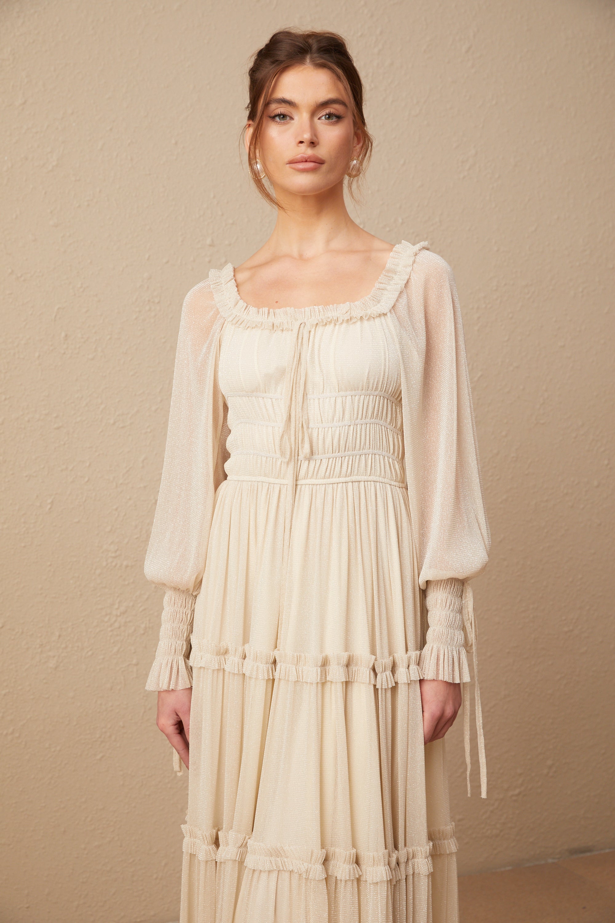 Camille pleated shirred metallic midi dress