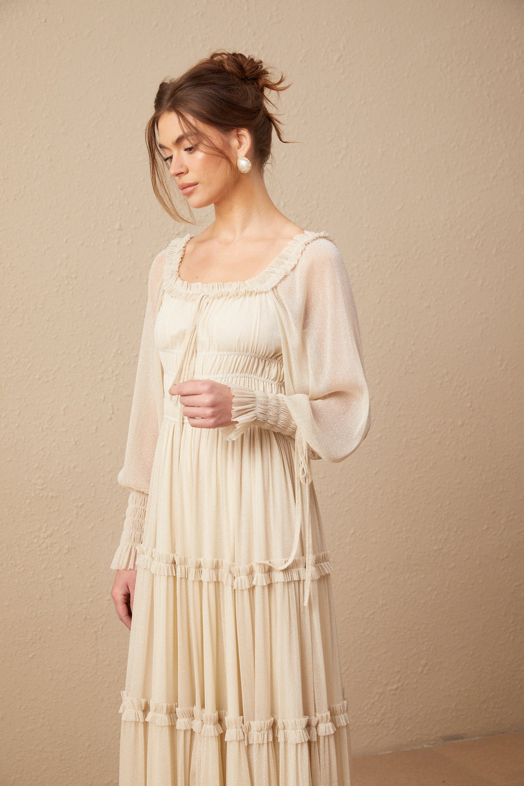 Camille pleated shirred metallic midi dress