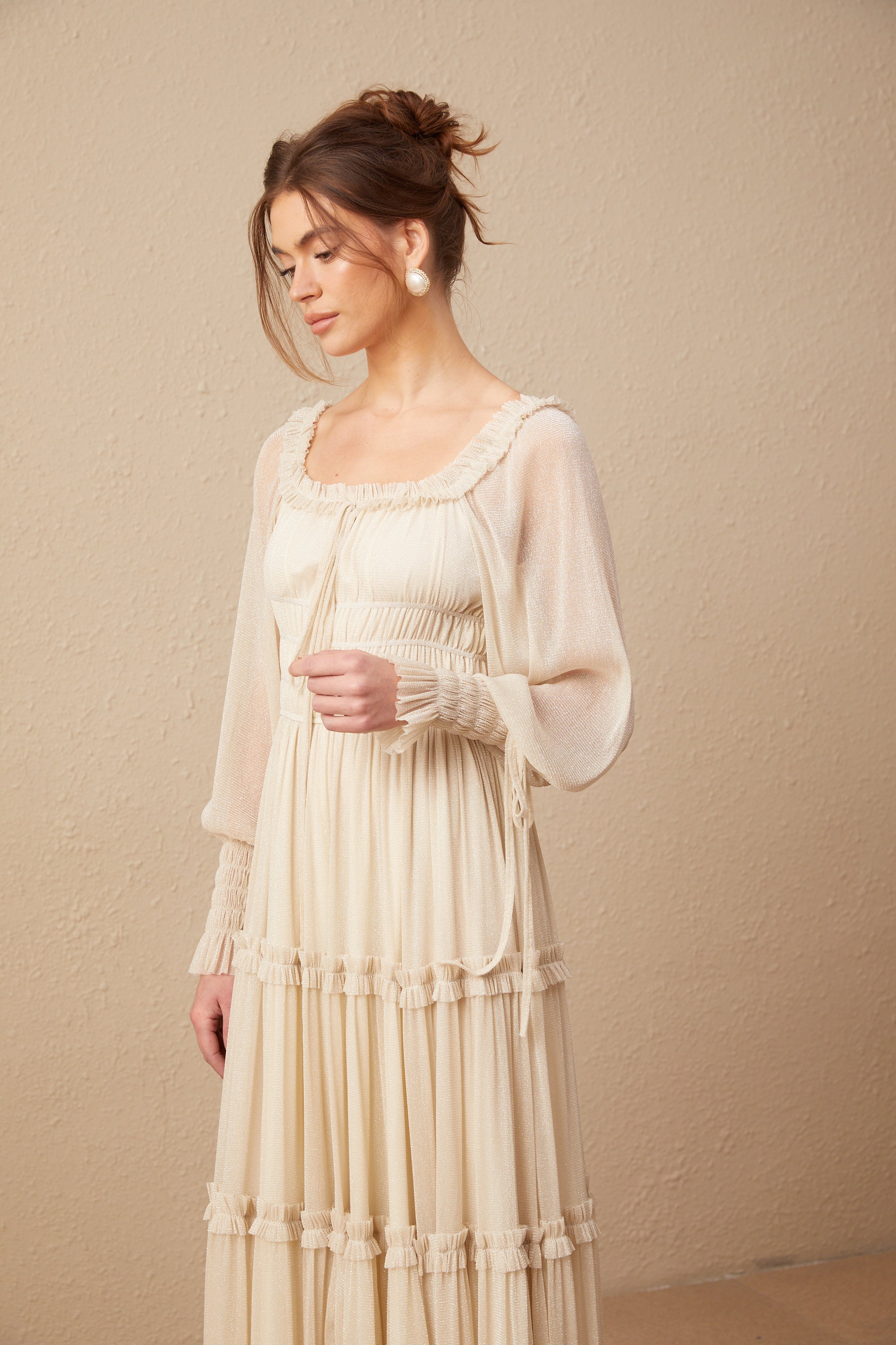 Camille pleated shirred metallic midi dress