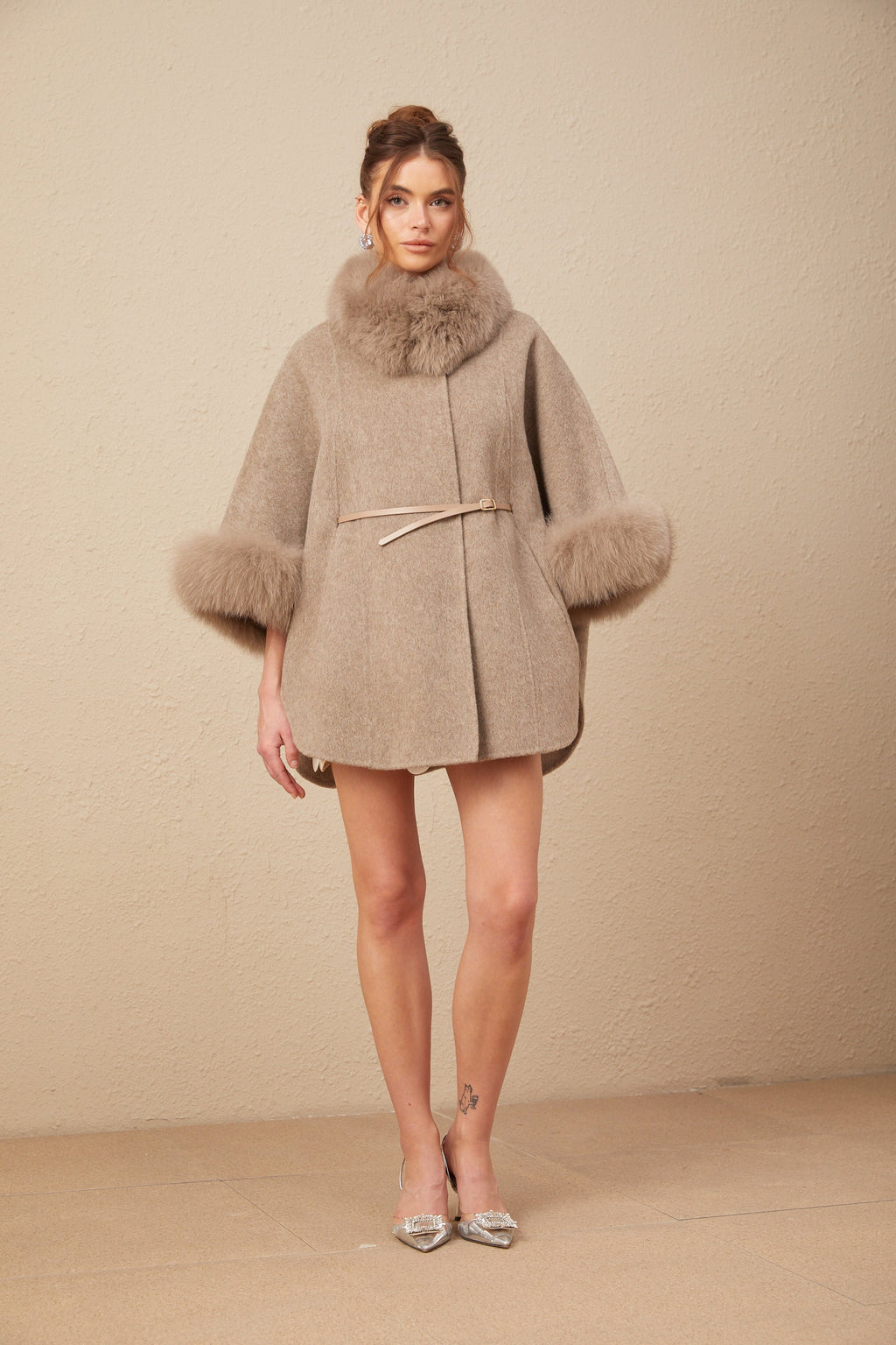 Chloris wool fur belted cape coat in Brown