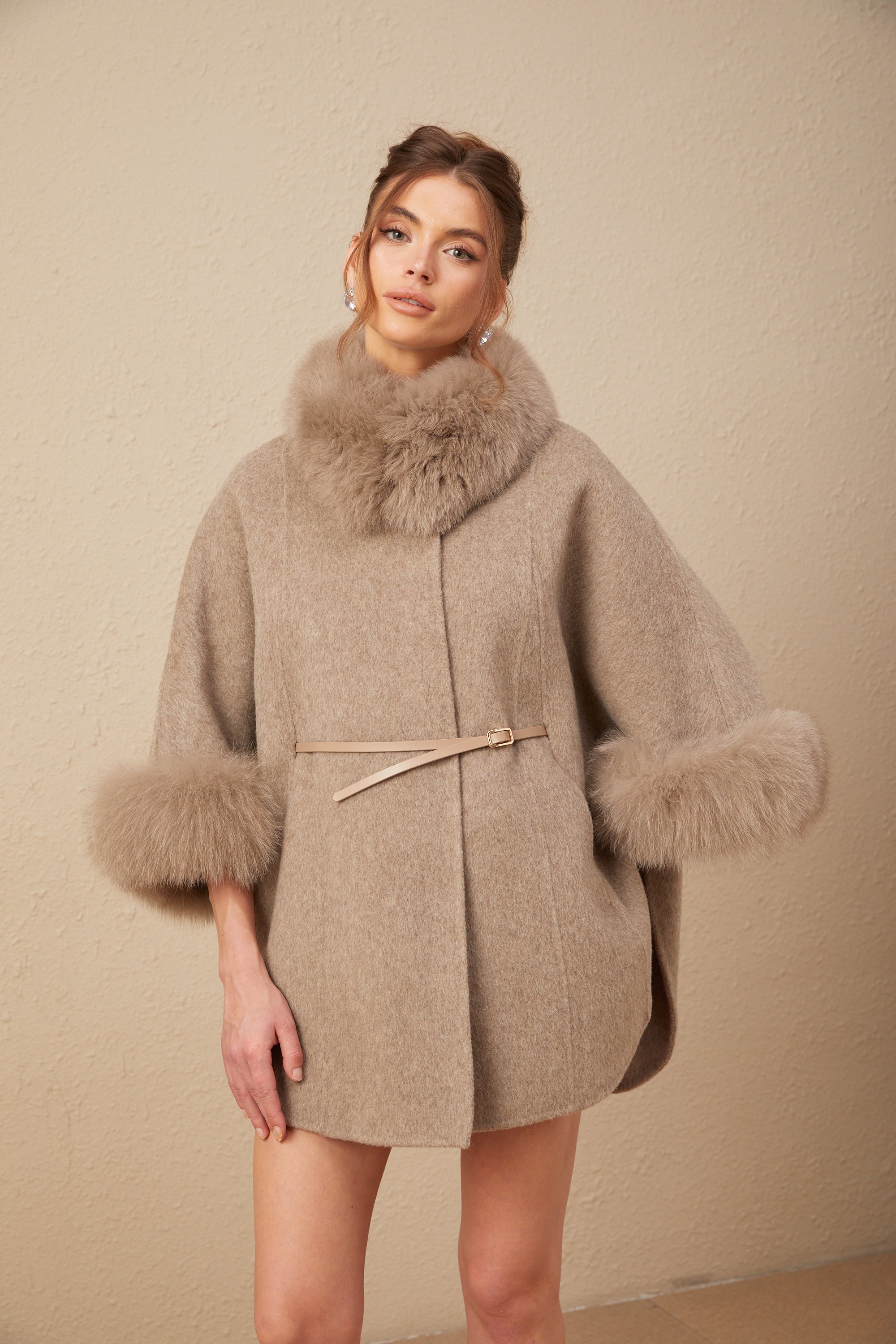 Chloris wool fur belted cape coat in Brown