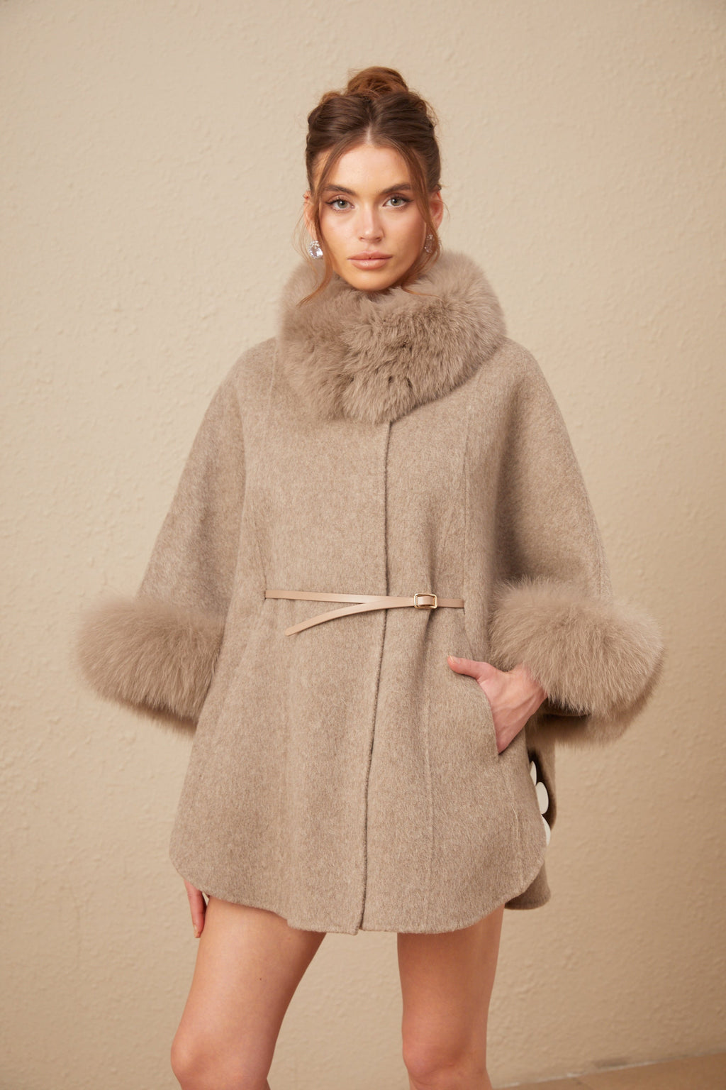 Chloris wool fur belted cape coat in Brown