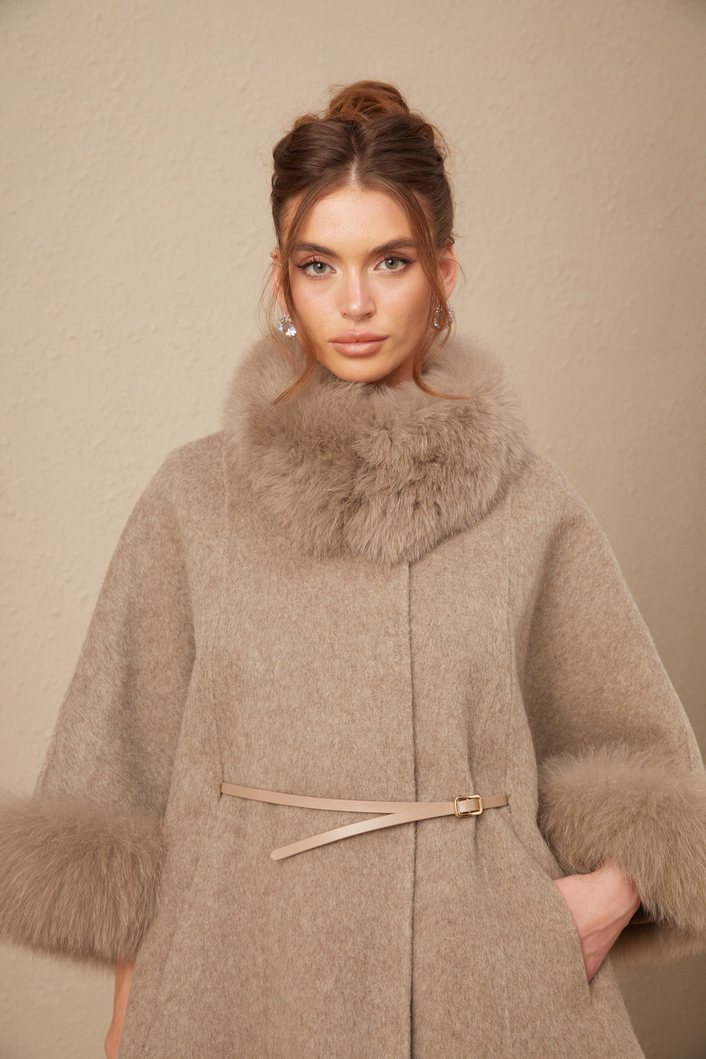 Chloris wool fur belted cape coat in Brown