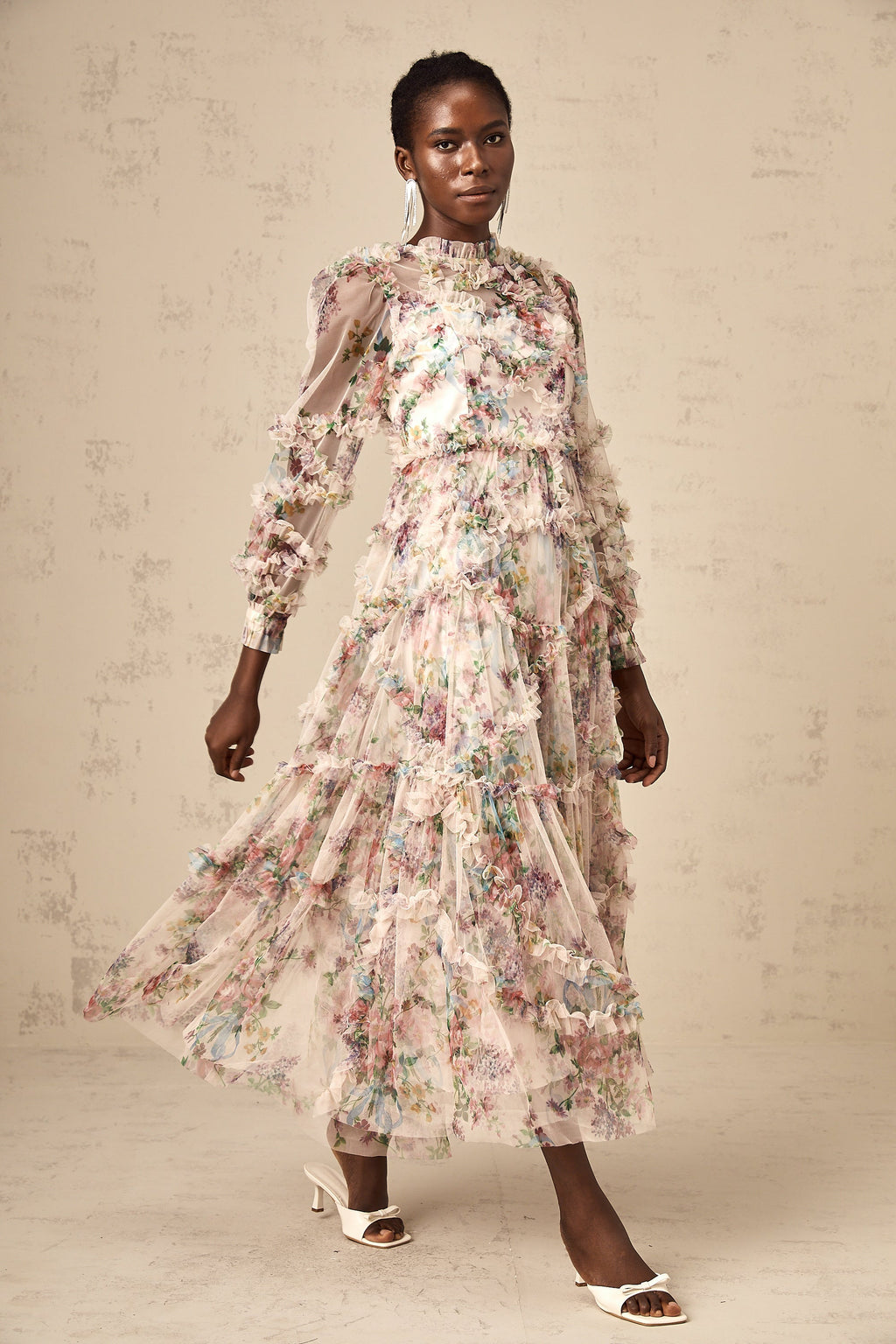 Candice floral ruffled tulle midi dress