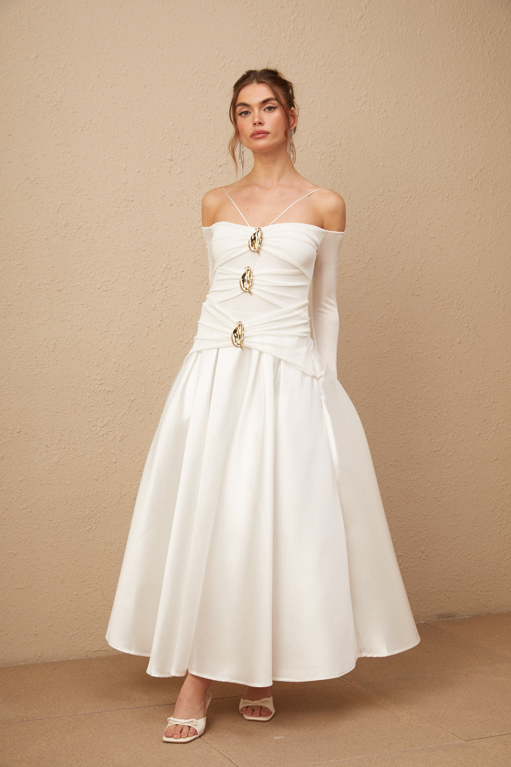 Nadine off-shoulder panelled maxi dress in White