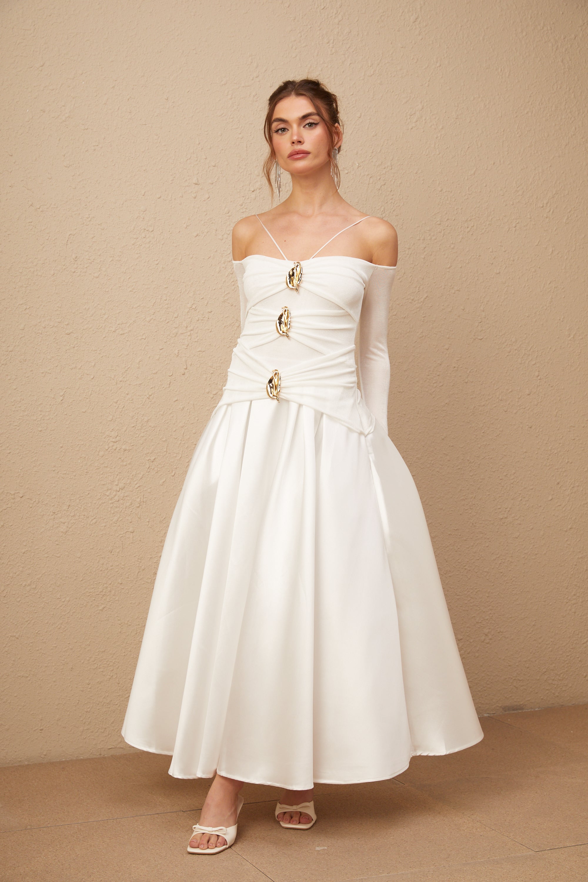 Nadine off-shoulder panelled maxi dress in White