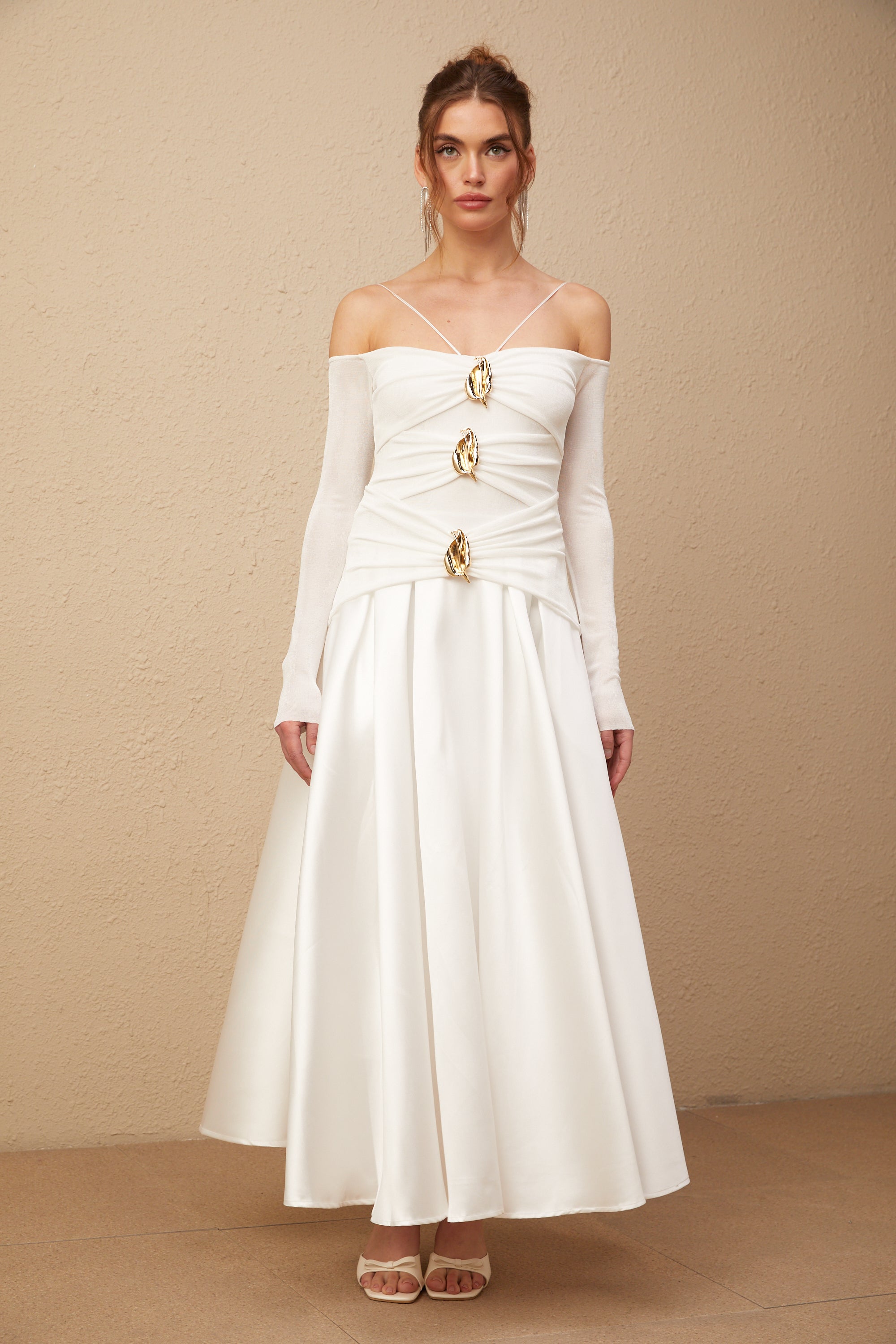 Nadine off-shoulder panelled maxi dress in White