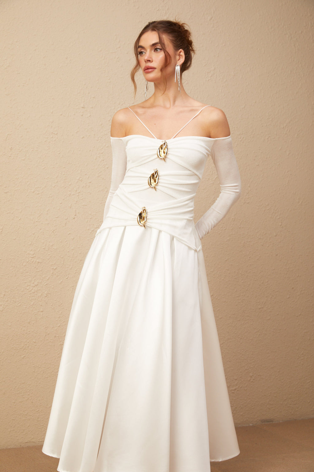 Nadine off-shoulder panelled maxi dress in White